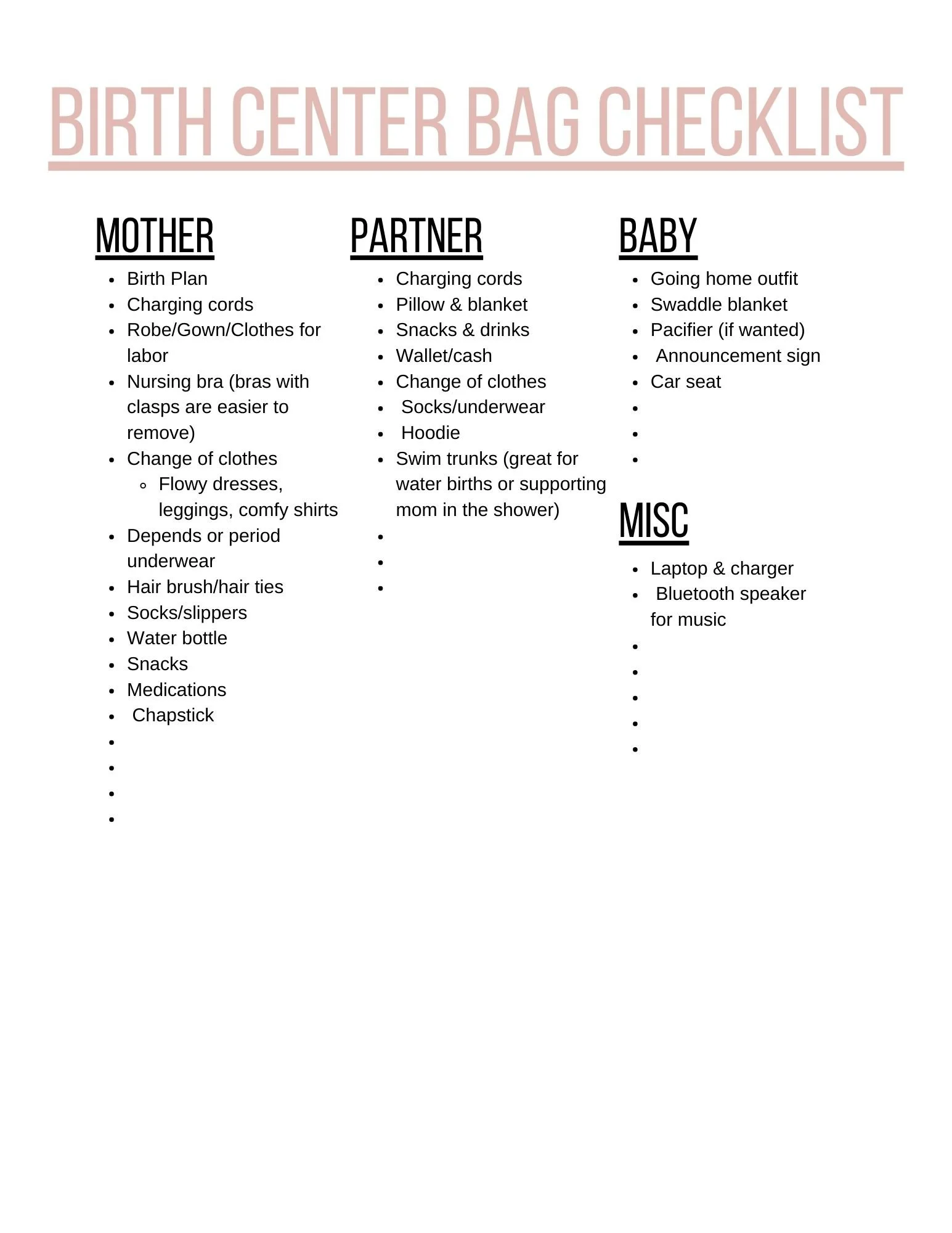 Birth Center Bag Checklist — Simply Sacred Births Doula Services