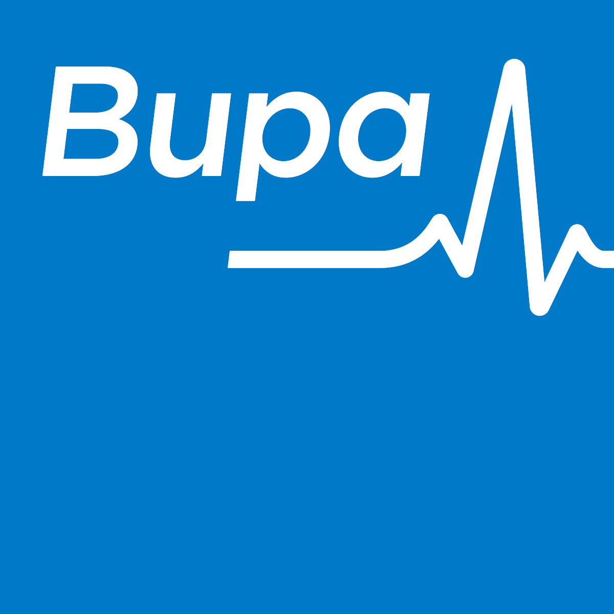 Blue medical-themed background with the word 'Bupa' and a white electrocardiogram line.