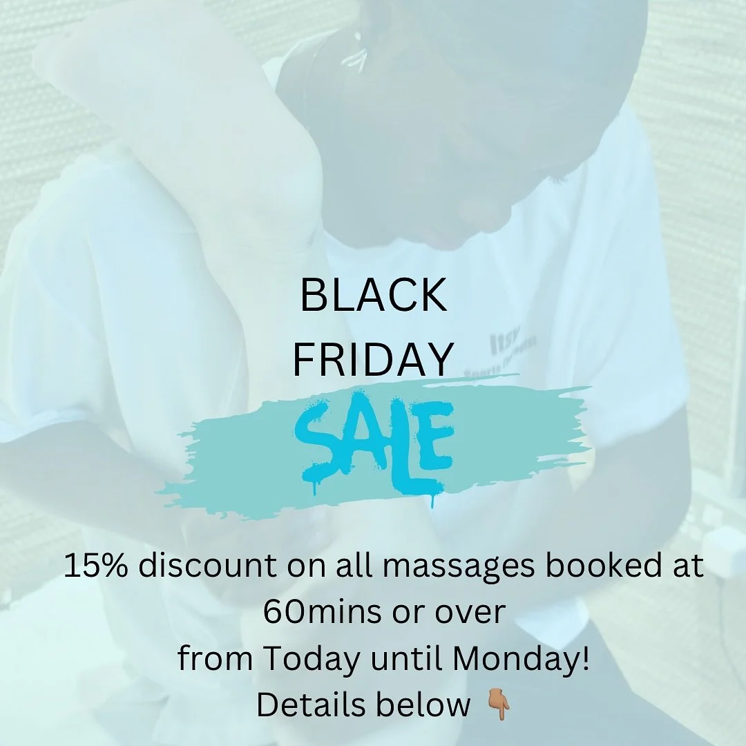 Black Friday doesn&rsquo;t have to be about presents for everyone else 👀  Prioritise your health and recovery with 15% discount (20% for Blue Light Card holders) on all massage treatments at 60 minutes or over.
(Applies to Sports, remedial or pregna