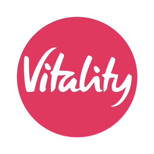 A pink circular logo with the word "Vitality" written in white, cursive font in the center.