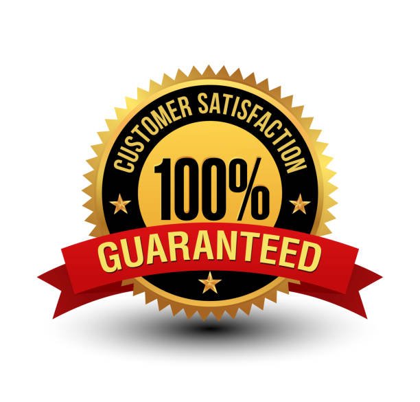 Gold and black badge with red banner reading "Guaranteed," stating "100% Customer Satisfaction" in the center.