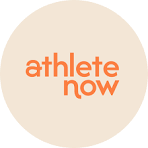 Logo with the text 'athlete now' in orange on a beige circular background.