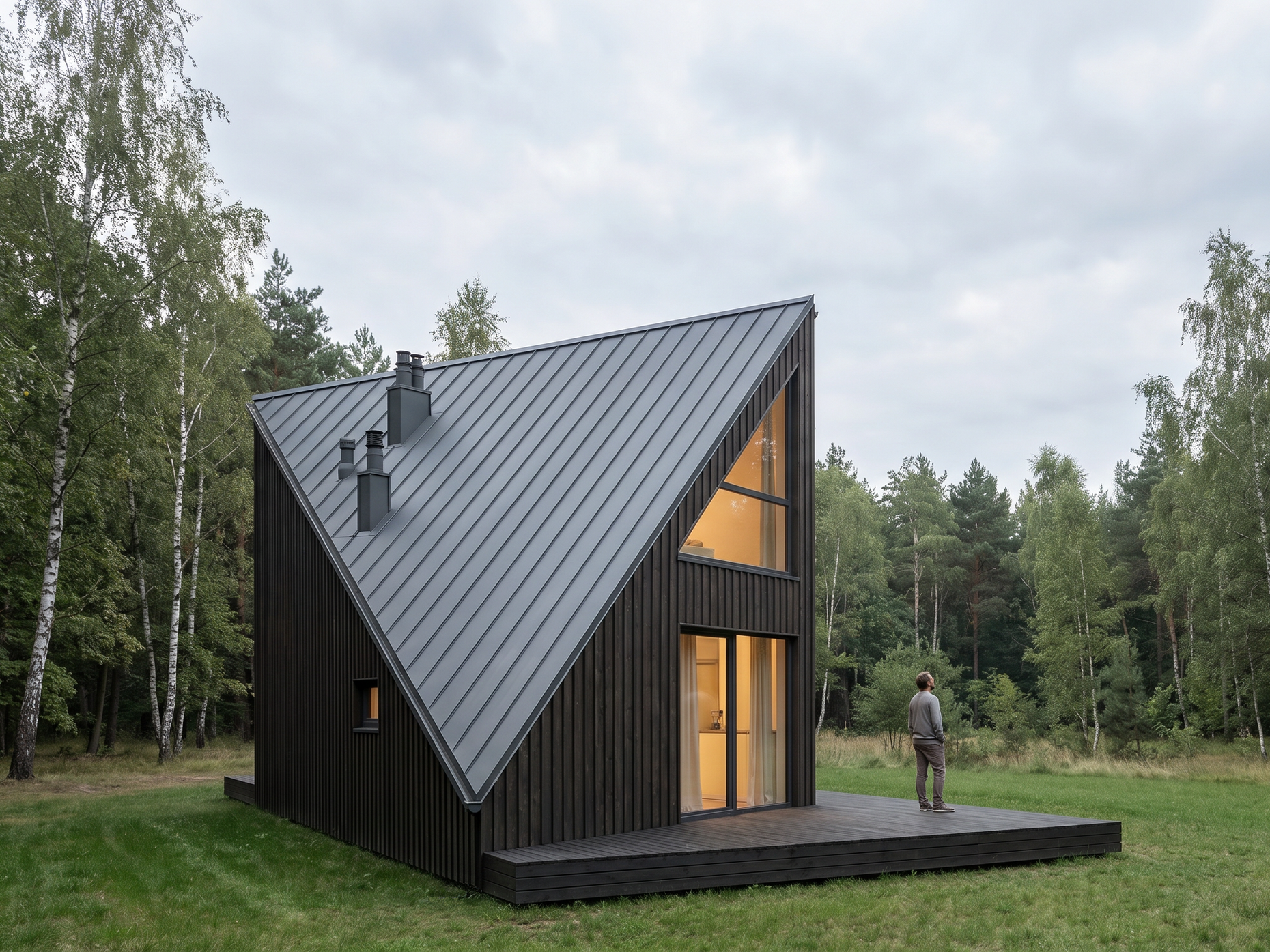 Projekt gotowy małego domu na zgłoszenie – nowoczesny dwukondygnacyjny budynek z białą elewacją, ciemnymi akcentami z cegły, dwuspadowym dachem i niewielkim gankiem wejściowym. Dom otoczony zielenią z utwardzoną ścieżką prowadzącą do wejścia