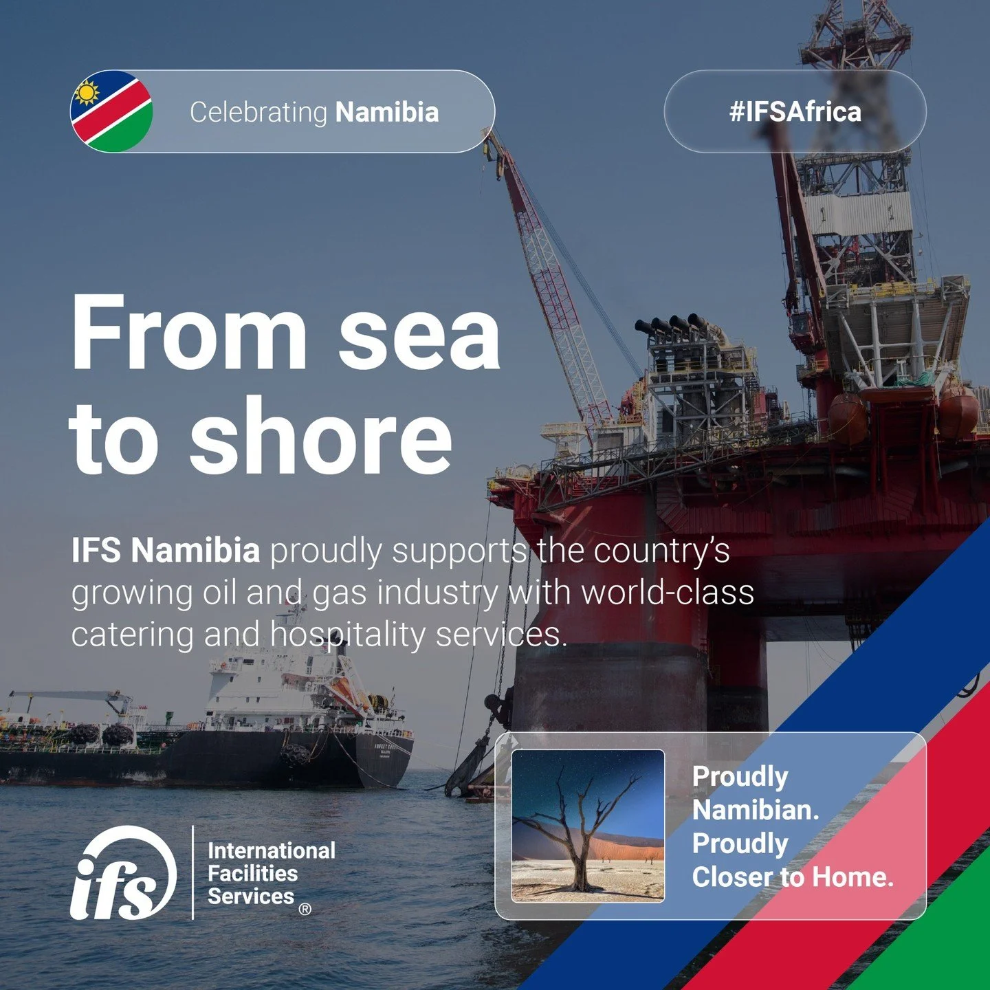 From sea to shore 🌊 &ndash; IFS Namibia delivers world-class catering and hospitality to the country&rsquo;s thriving oil and gas industry!
ㅤ
Our 100% Namibian teams bring comfort and care to even the most remote offshore sites, providing fresh meal
