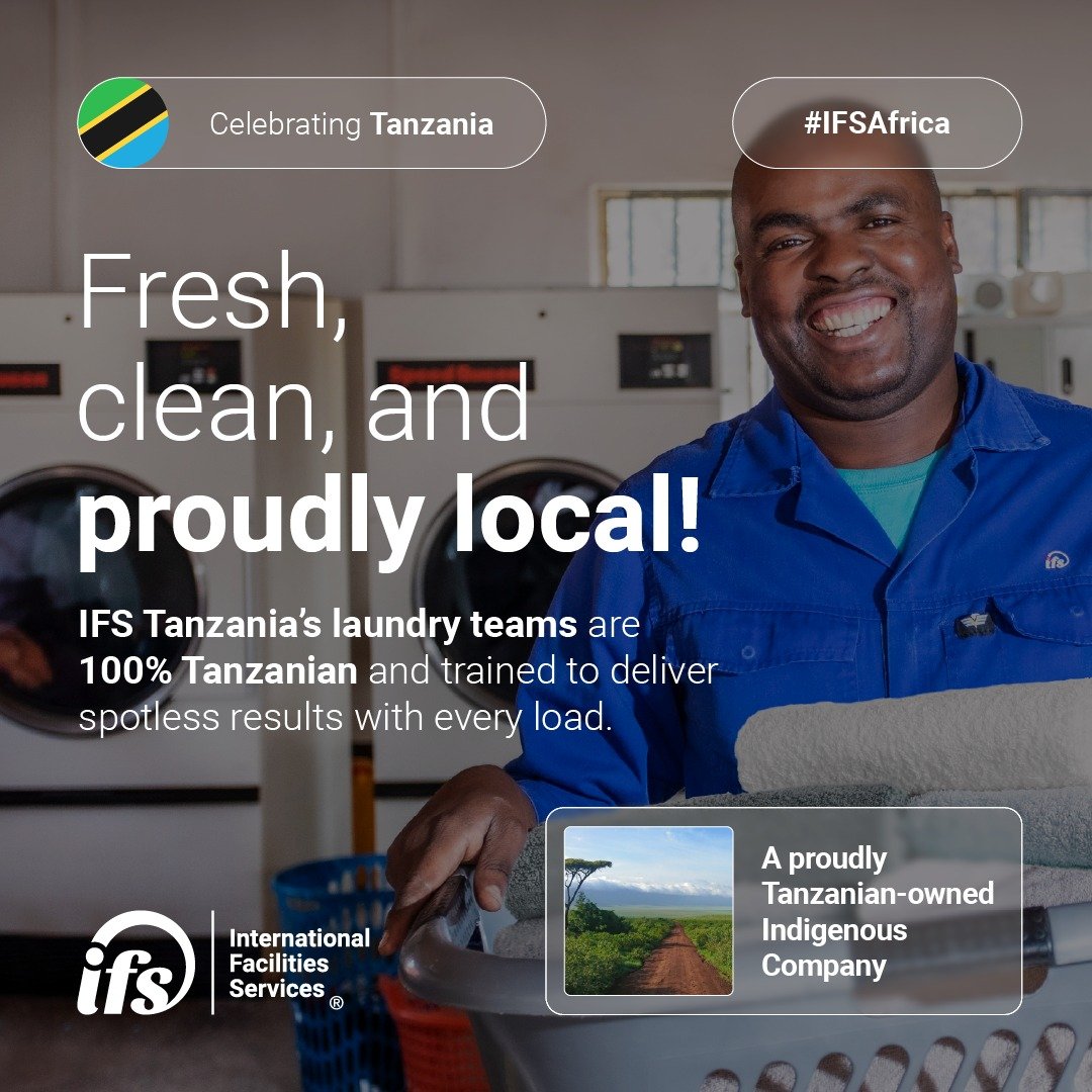Fresh, clean, and proudly local! 🧺
ㅤ
As a proudly Tanzanian-owned Indigenous Company, IFS Tanzania&rsquo;s laundry teams are 100% Tanzanian and trained to deliver spotless results with every load. Every uniform, linen, and workwear item handled supp
