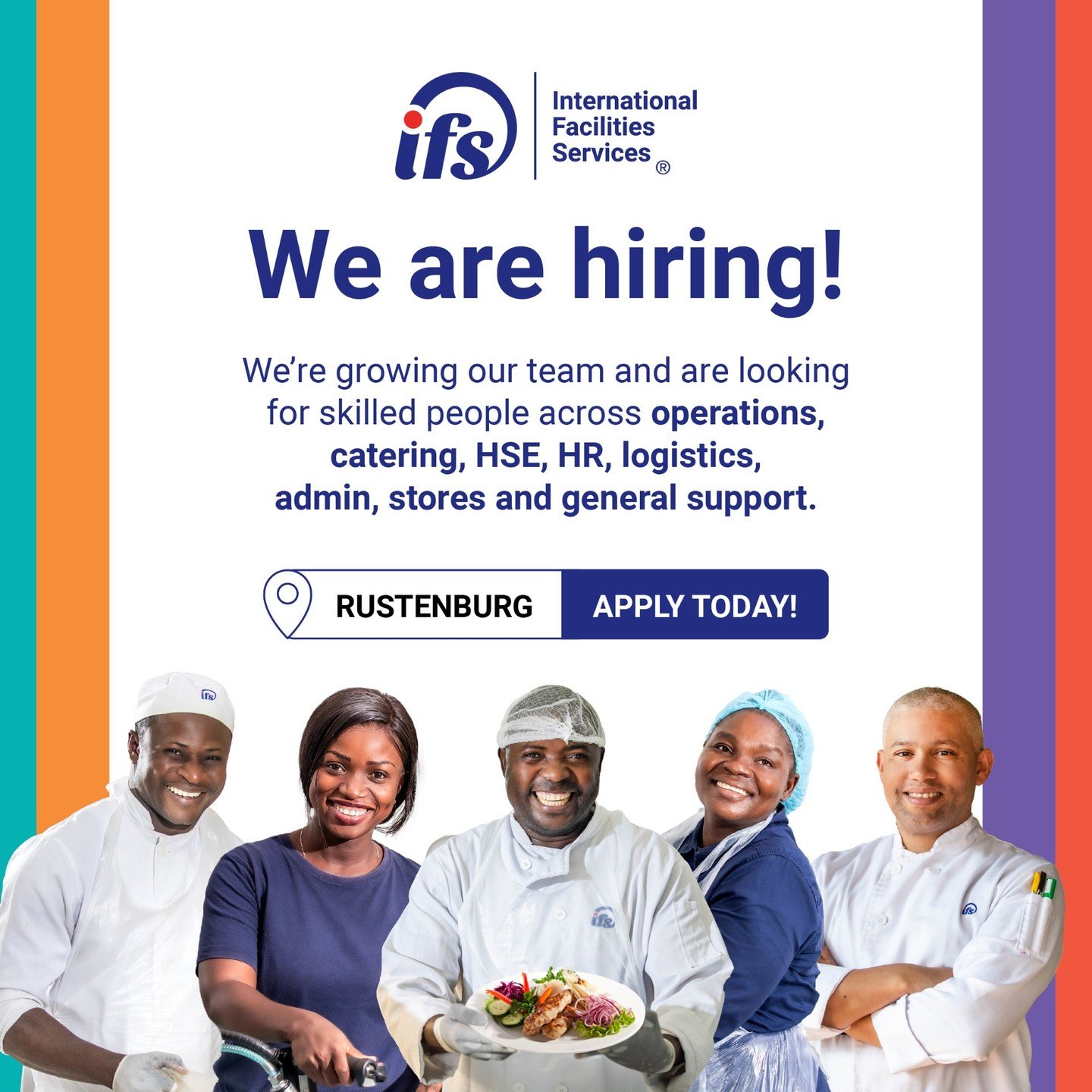 IFS IS HIRING!
ㅤ
We&rsquo;re growing our team in Rustenburg and are looking for skilled people across operations, catering, HSE, HR, logistics, admin, stores, and general support.
ㅤ
Apply today &mdash; send your CV to sibanyecareers@ifsafrica.com.
ㅤ
