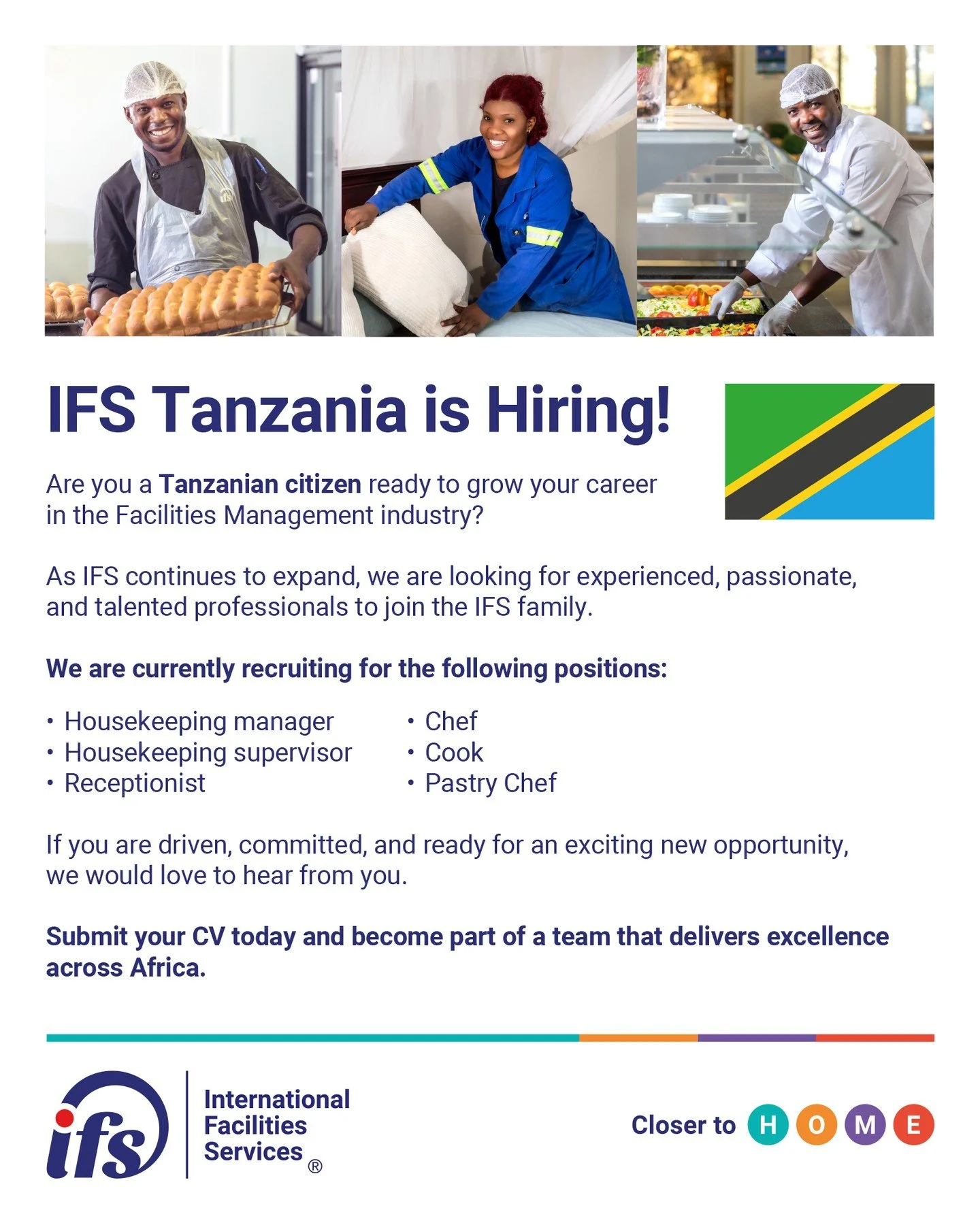 IFS Tanzania is Hiring!
ㅤ
Are you ready to grow your career in the Facilities Management industry? International Facilities Services (IFS) is looking for passionate and experienced Tanzanian professionals to join our expanding team.
ㅤ
If you are driv