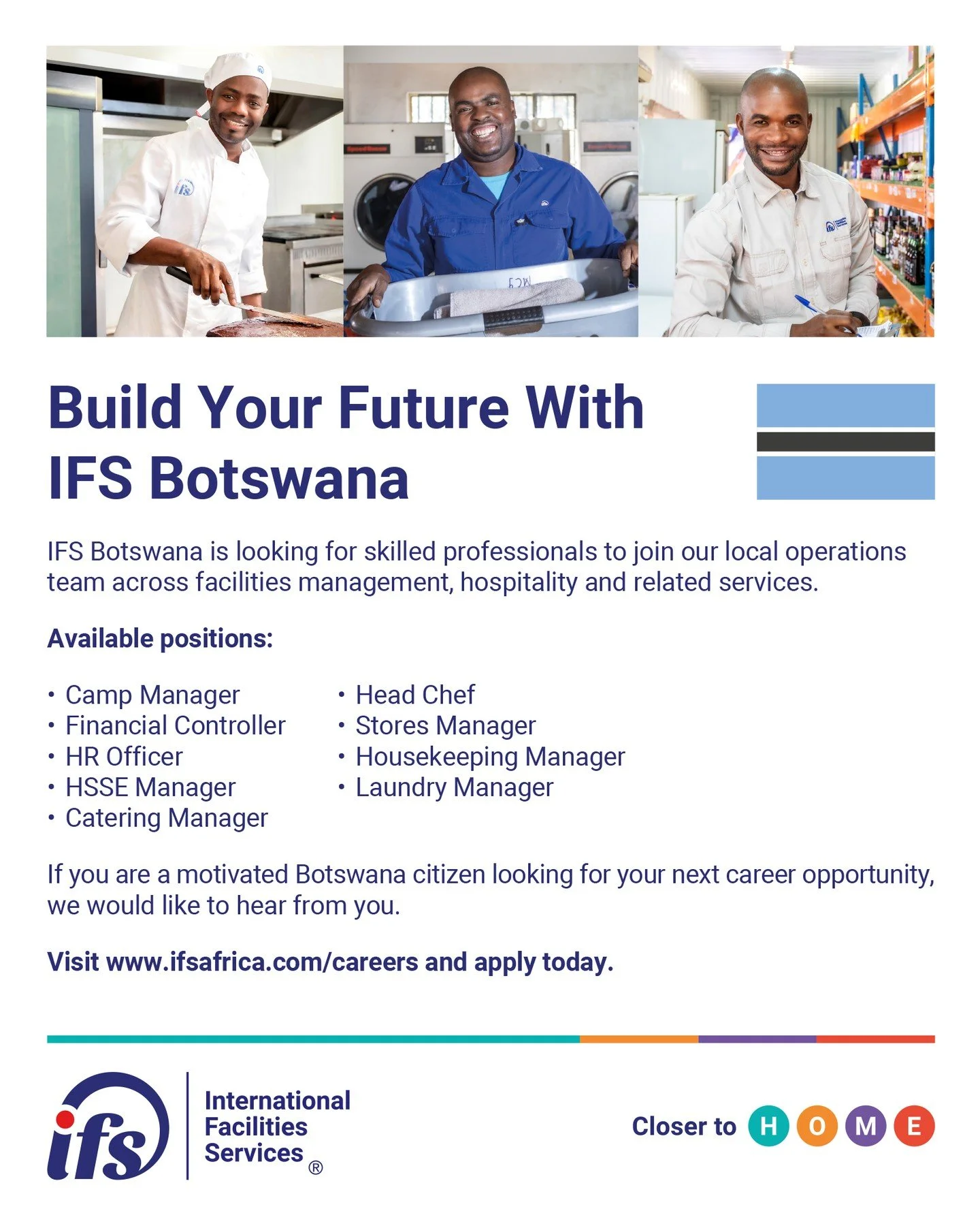 BOTSWANA, WE&rsquo;RE HIRING!
ㅤ
IFS Botswana is looking for skilled and passionate professionals to join our team.
ㅤ
Whether your experience is in facilities management, hospitality, catering, cleaning, housekeeping, or related services, we want to c