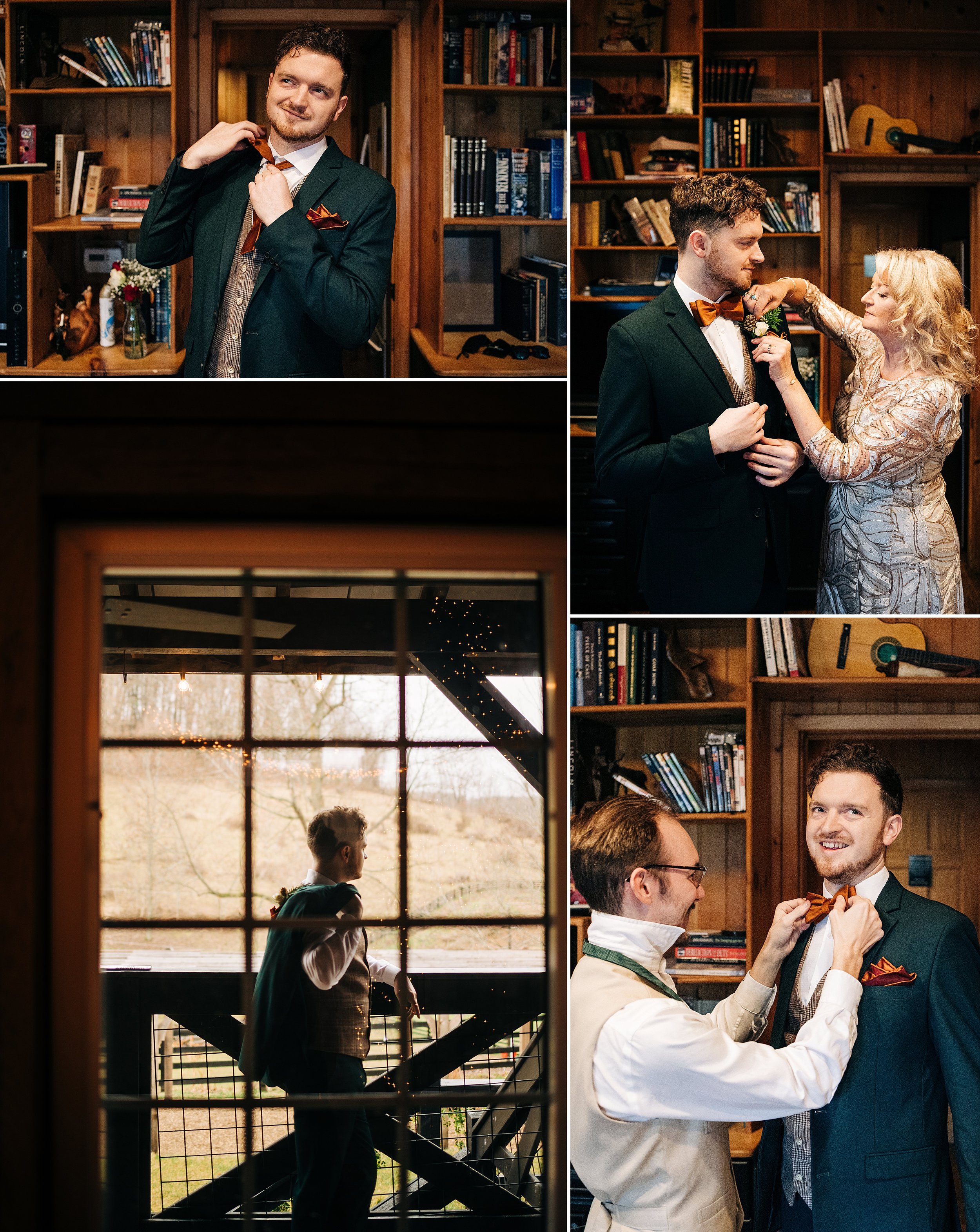 Groom Getting Ready for Christmas wedding at Rivercrest Farm in Dover, Ohio