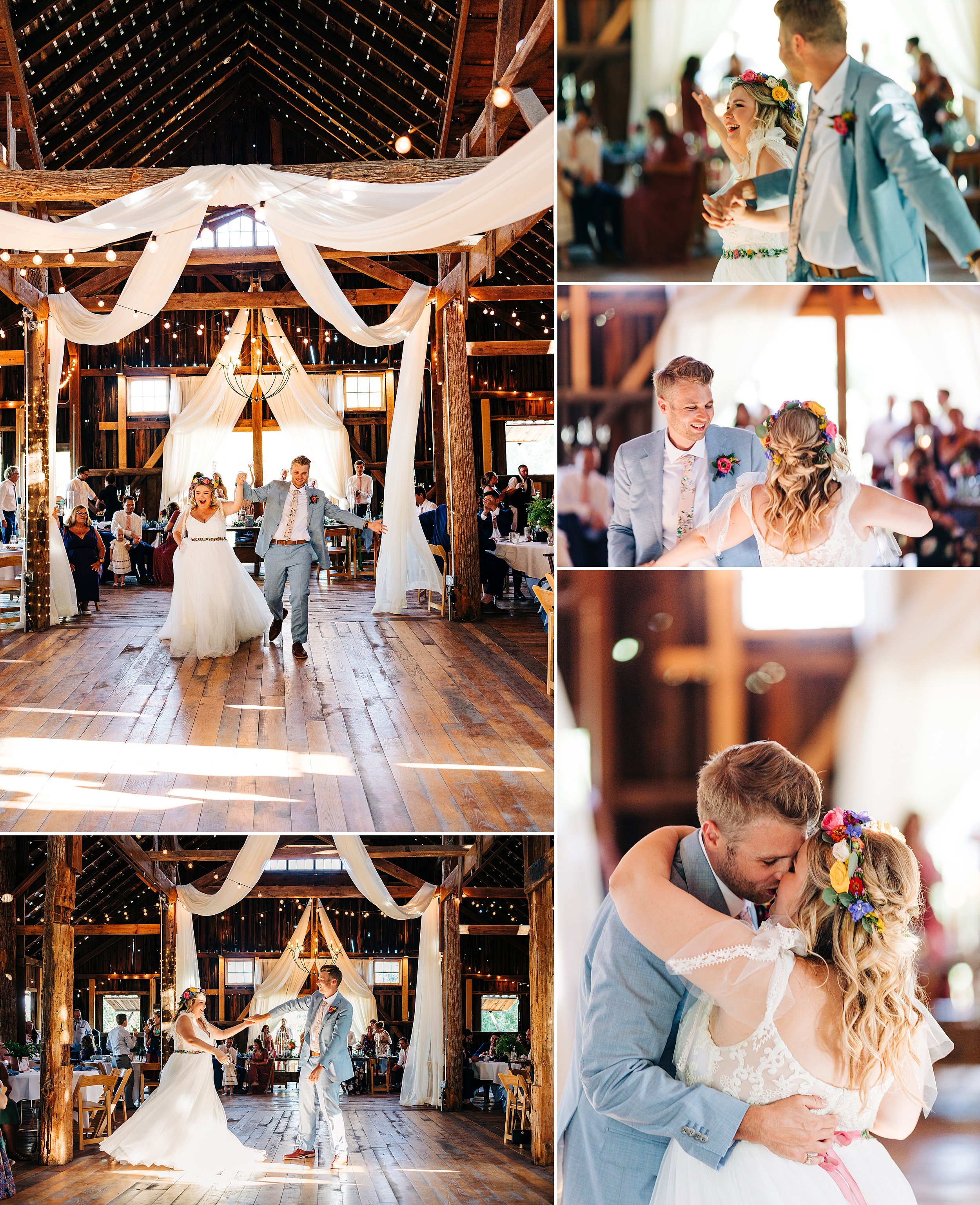 bride and groom first dance at barn wedding reception