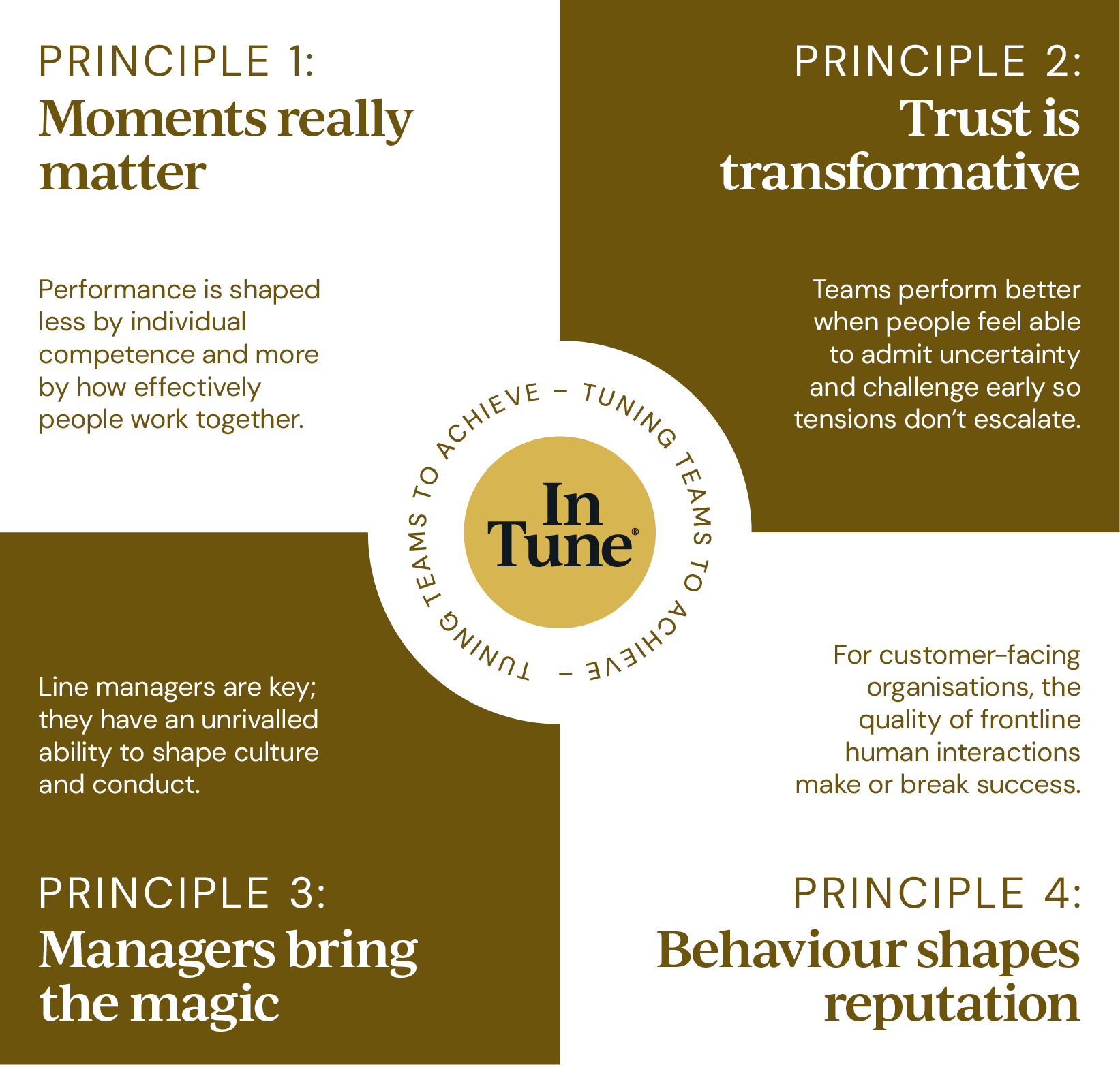 Infographic with four principles about teamwork and performance, featuring the In Tune logo and circular message about achieving and tuning teams.