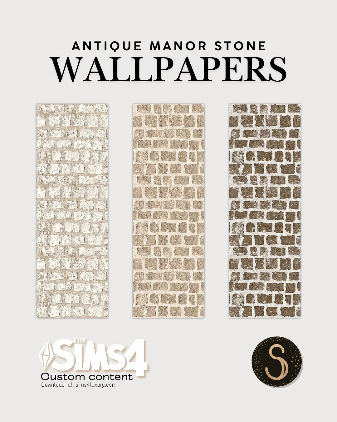 ▪️Antique Manor Stone Wallpapers
Because sometimes your Sims&rsquo; houses need walls that look older than your save file 😅

Meet my Antique Manor Stone Wallpapers I created from scratch with Substance Painter. Perfect for castles, cottages, or that