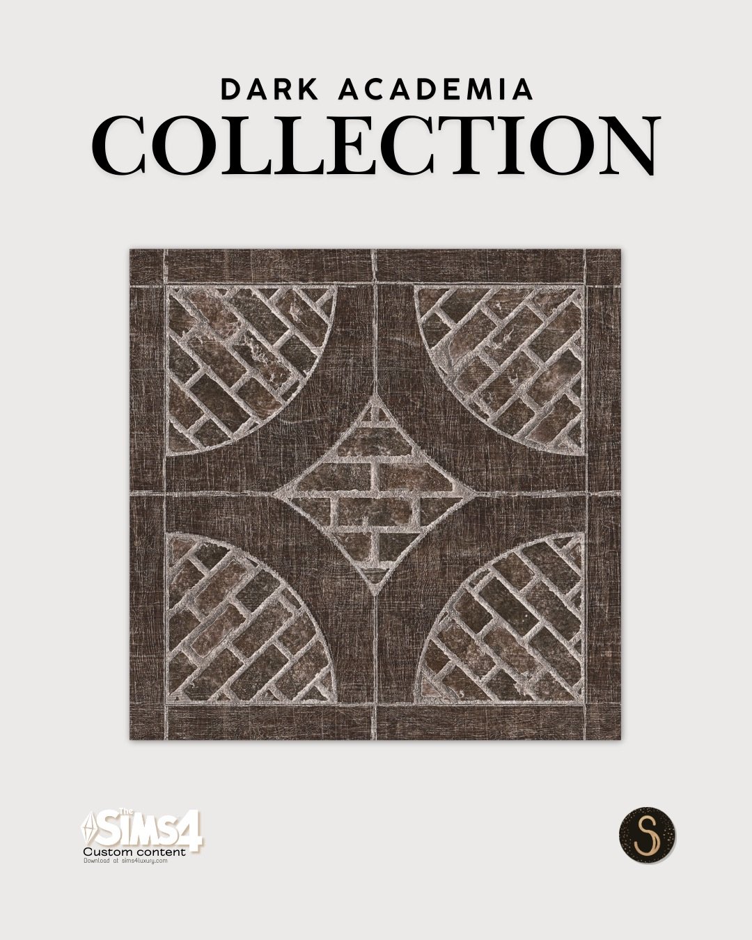 ▪️Dark Academia Collection ▪️
 Wood&amp;Bricks | Tiles floors | The Sims 4 CC

This new floor tile for The Sims 4 was designed to echo historic stone corridors and old European manor homes. A textured, architectural custom content piece created for a