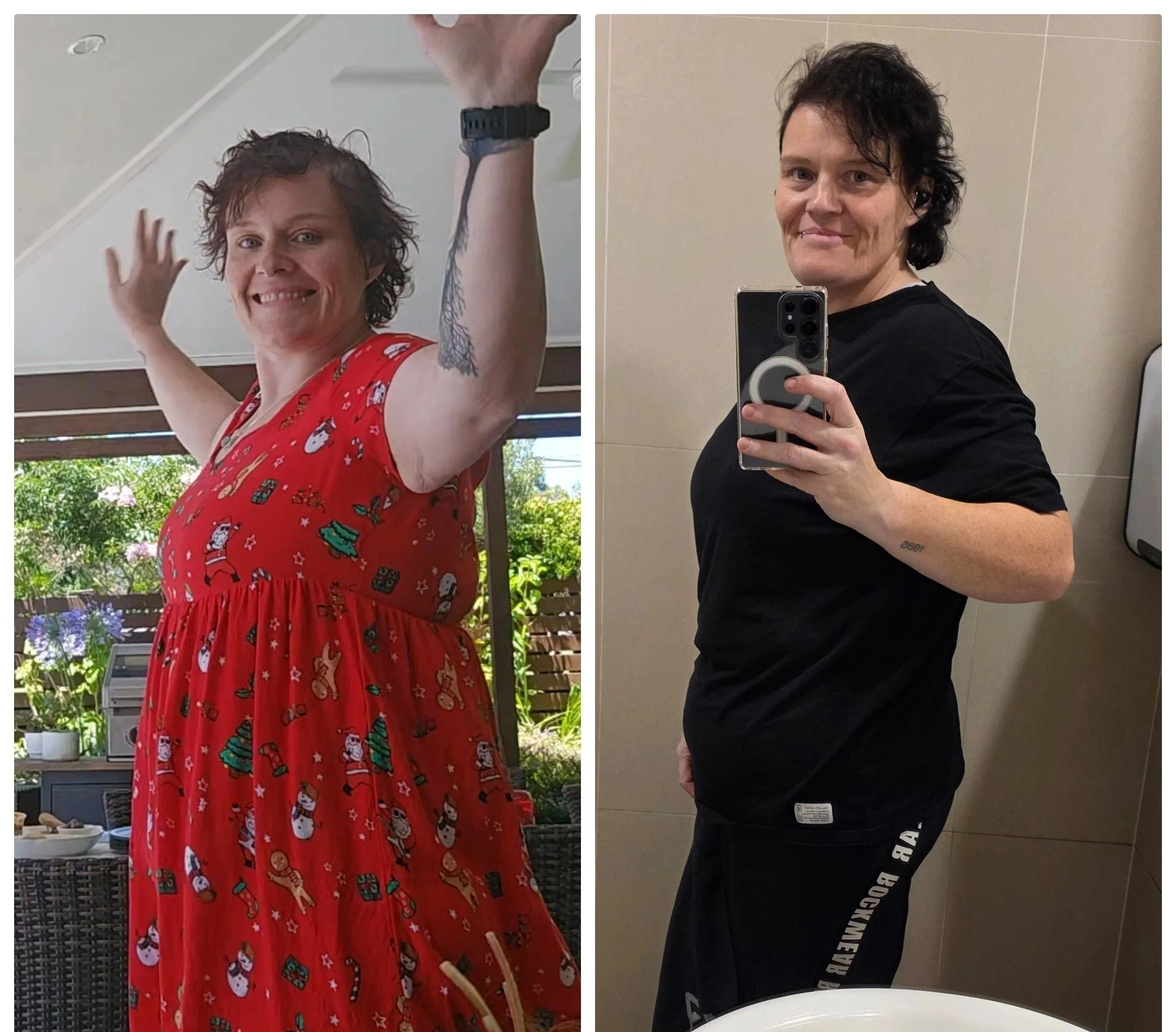Side-by-side comparison of a woman before and after a haircut, with the woman taking a selfie in two different settings, one outdoors and one indoors.