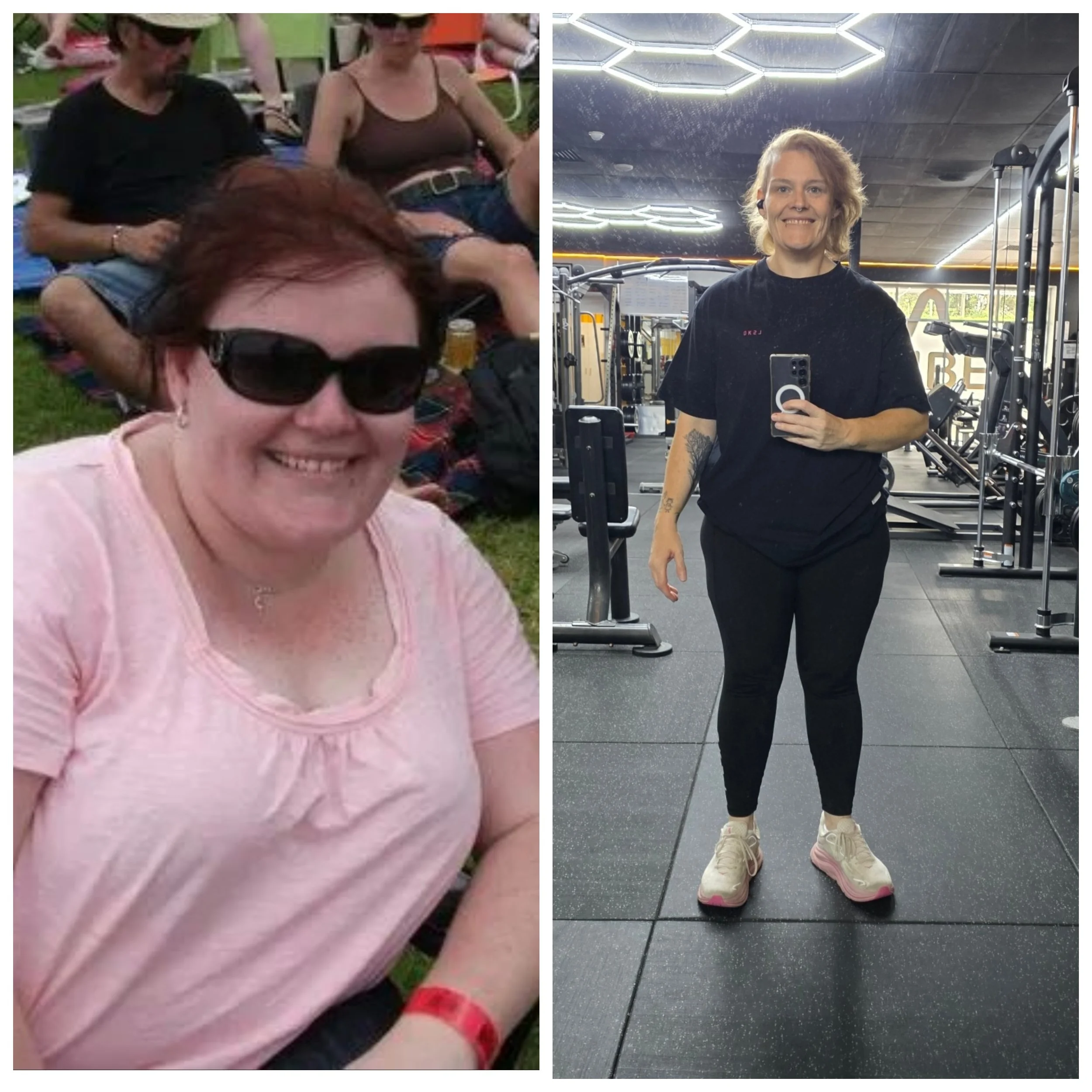 Comparison of two women. The woman on the left has red hair, light skin, wearing sunglasses, a pink top, and is smiling. The woman on the right has blonde hair, light skin, and is wearing black athletic wear in a gym.
