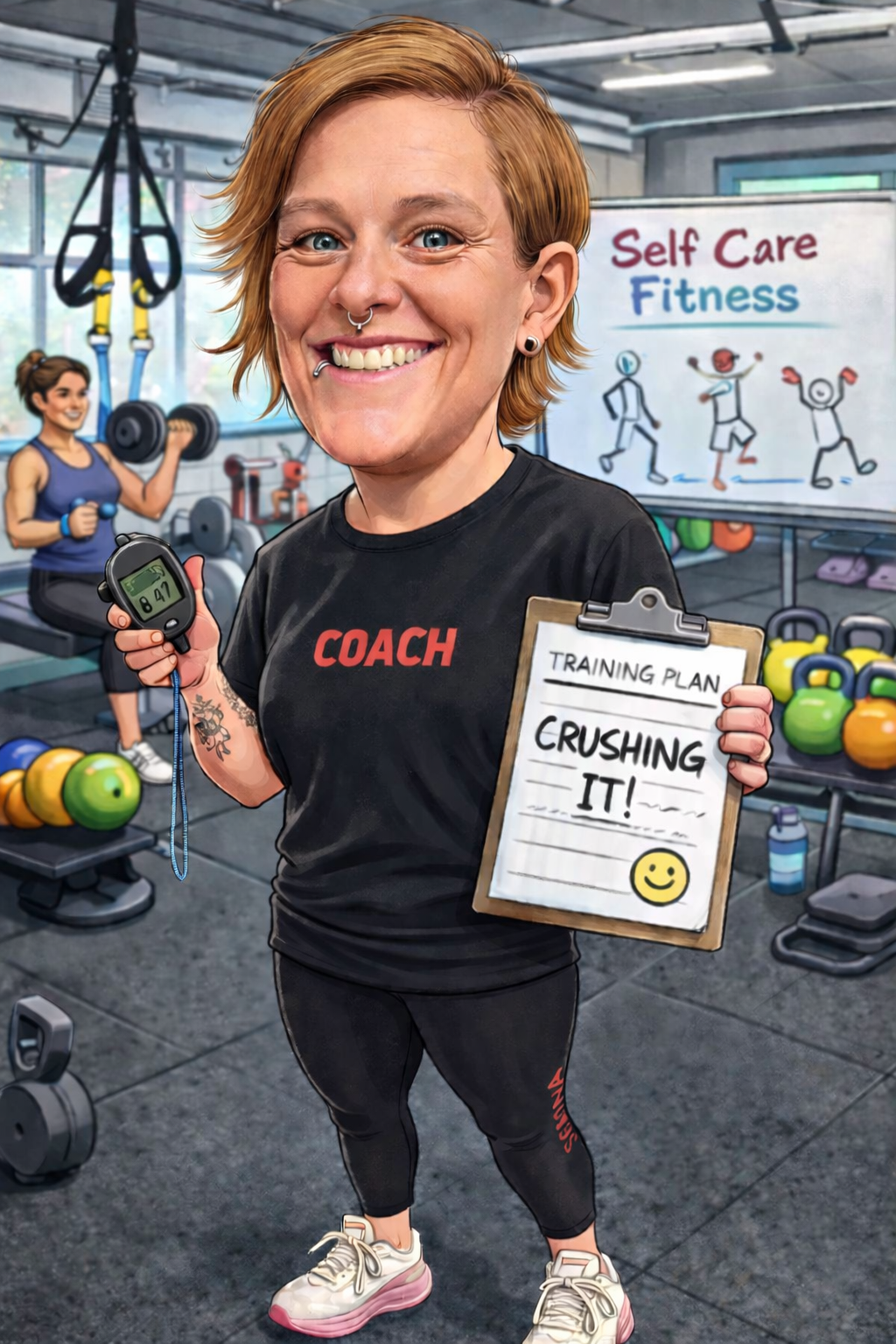 A smiling female fitness coach with short, red hair holding a stopwatch and a clipboard that says 'Training Plan: Crushing It!' in a gym setting. In the background, a woman is lifting dumbbells, and a whiteboard displays 'Self Care Fitness' with illustrations of people exercising.