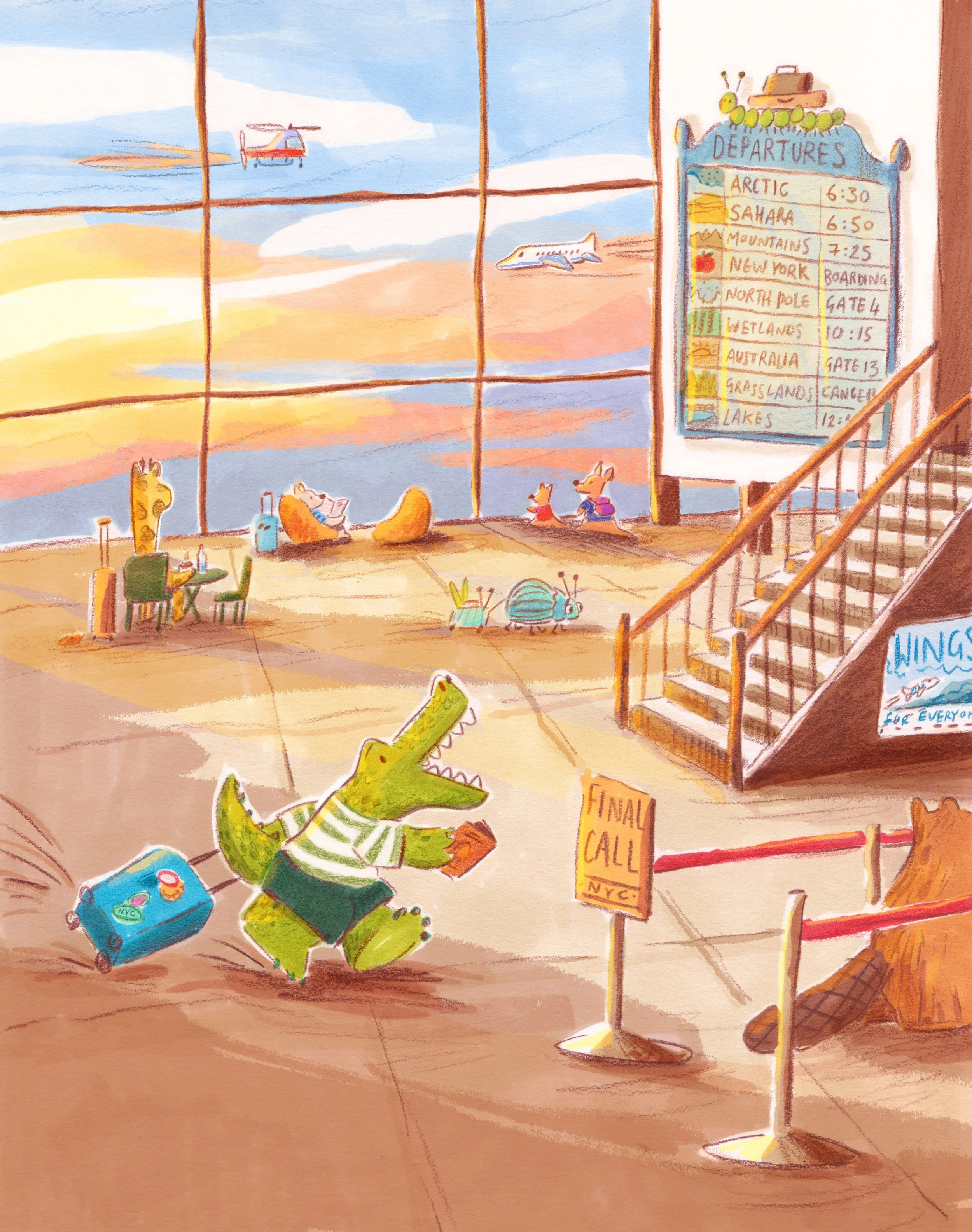 Colorful illustration of an airport departure lounge with animals, including a crocodile in striped shirt carrying luggage and a suitcase, crocodile and fox sitting on a bench, a giraffe sitting at a table, and a ladybug near a small insect. The depa