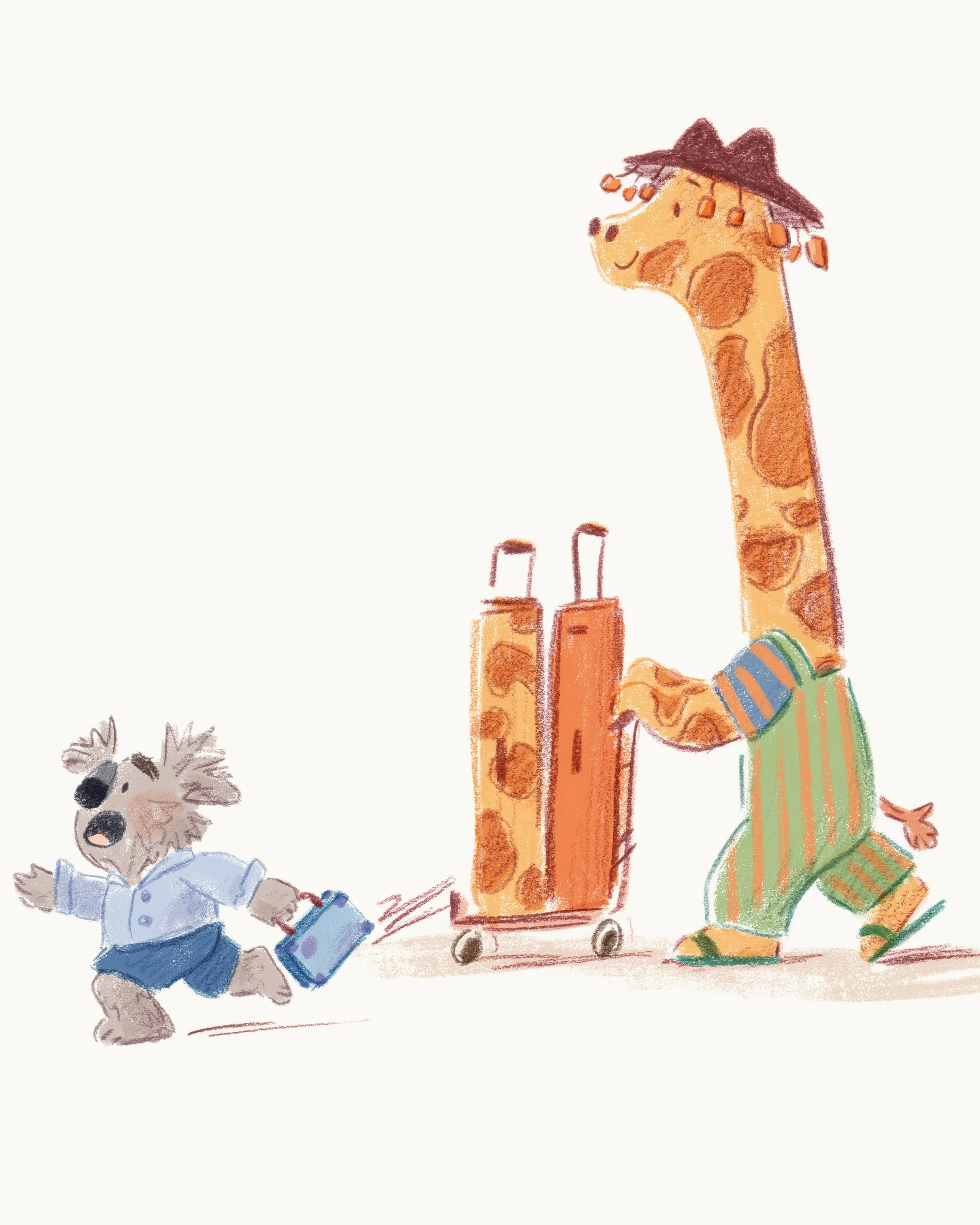 A cartoon giraffe dressed in colorful pajamas pushing a luggage cart with a small dog wearing a shirt and shorts following behind, carrying a suitcase.