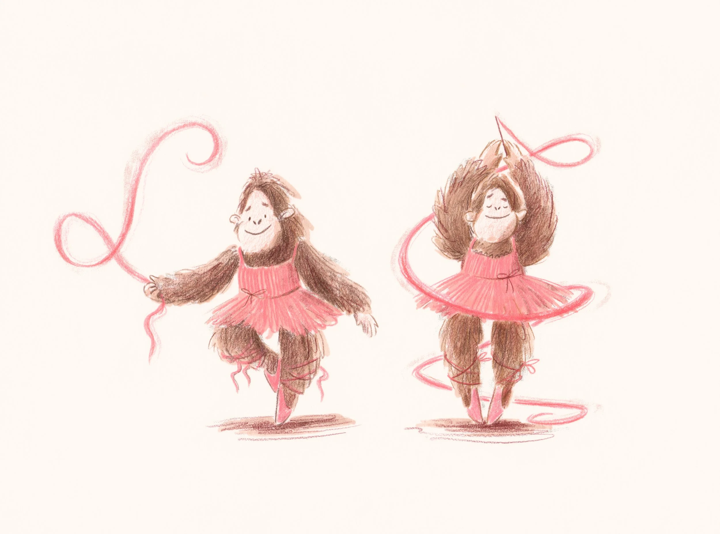 Sketch of two dancing monkeys dressed as ballerinas, with closed eyes and happy expressions, holding a pink ribbon.