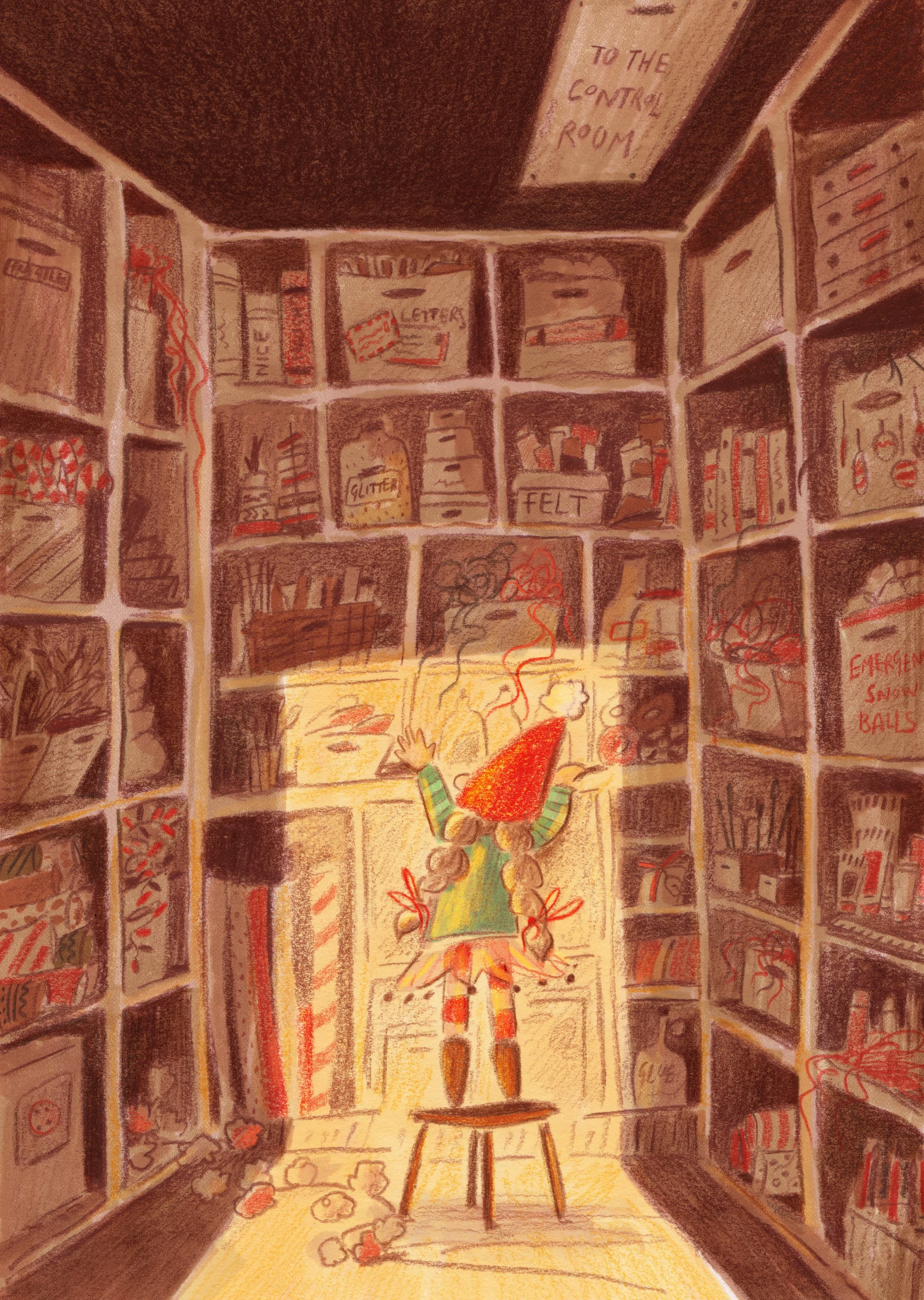 A person dressed as an elf with braids, wearing a red hat, green shirt, striped red and green socks, standing on a stool, reaching for items on high shelves in a storage room filled with boxes and containers.