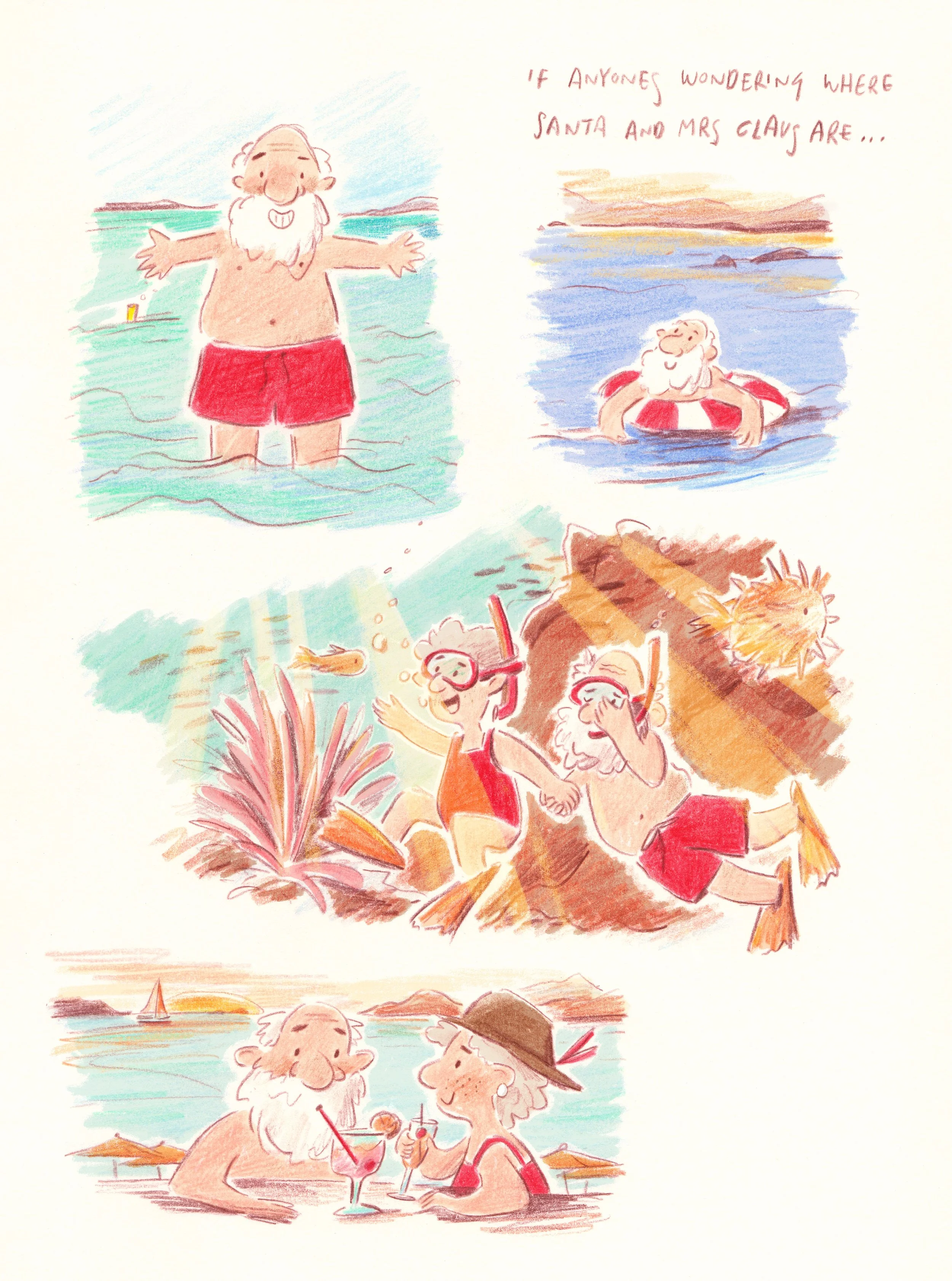 Cartoon of Santa Claus and Mrs. Claus enjoying a beach vacation. Santa is shown in multiple scenes: standing in the water, floating on a raft, and relaxing with Mrs. Claus with drinks in hand, all with a sunset background.