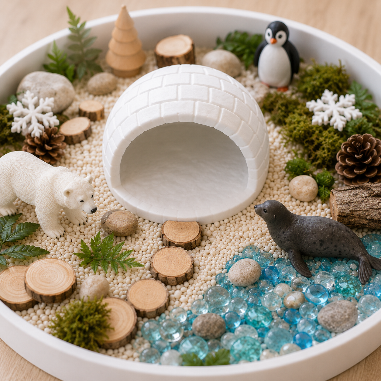 White 3D printed igloo small world play cave for Arctic sensory play, polar animal habitats and winter-themed invitations to play.