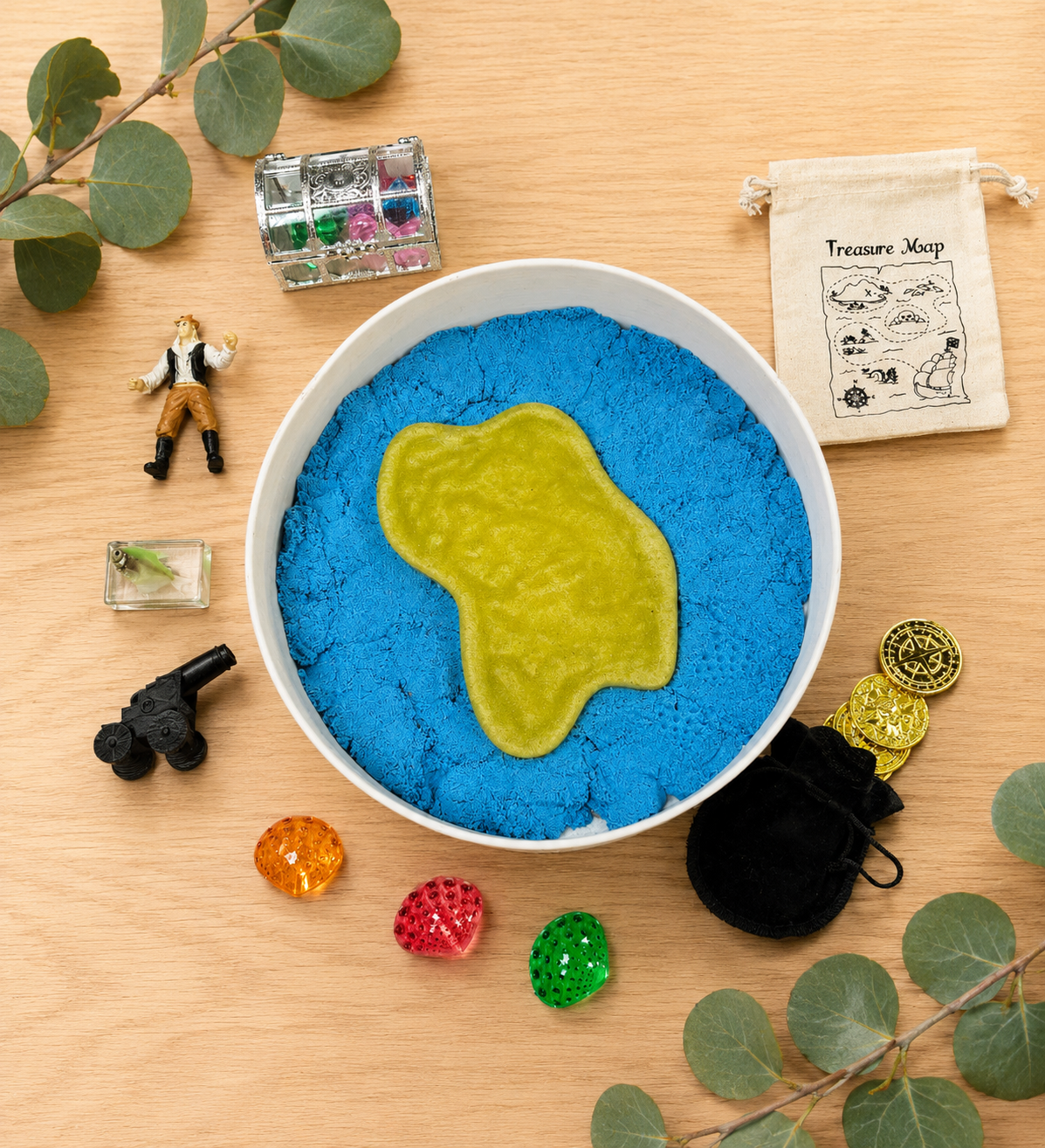 Pirate small world play with sensory magic sand and treasure hunting pieces