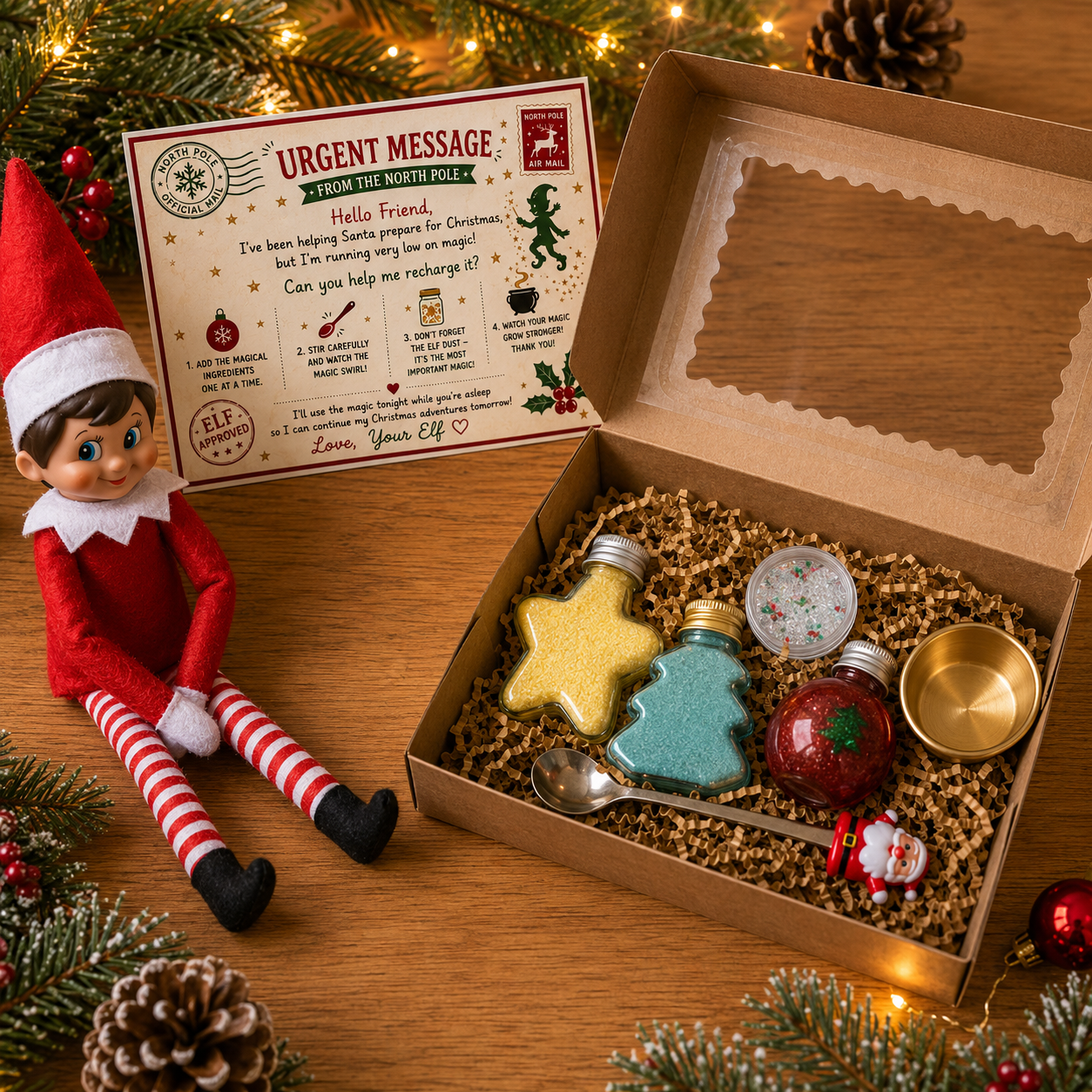 Elf Magic Potion Kit displayed outside the box with all Christmas potion ingredients and the included magical elf letter.