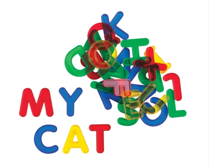 Colourful transparent plastic alphabet letters A to Z and numbers 0 to 9