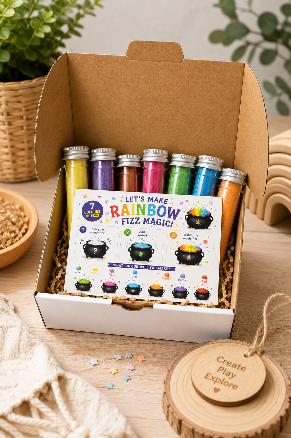 Rainbow Fizz Potion Kit gift set with activity postcard.