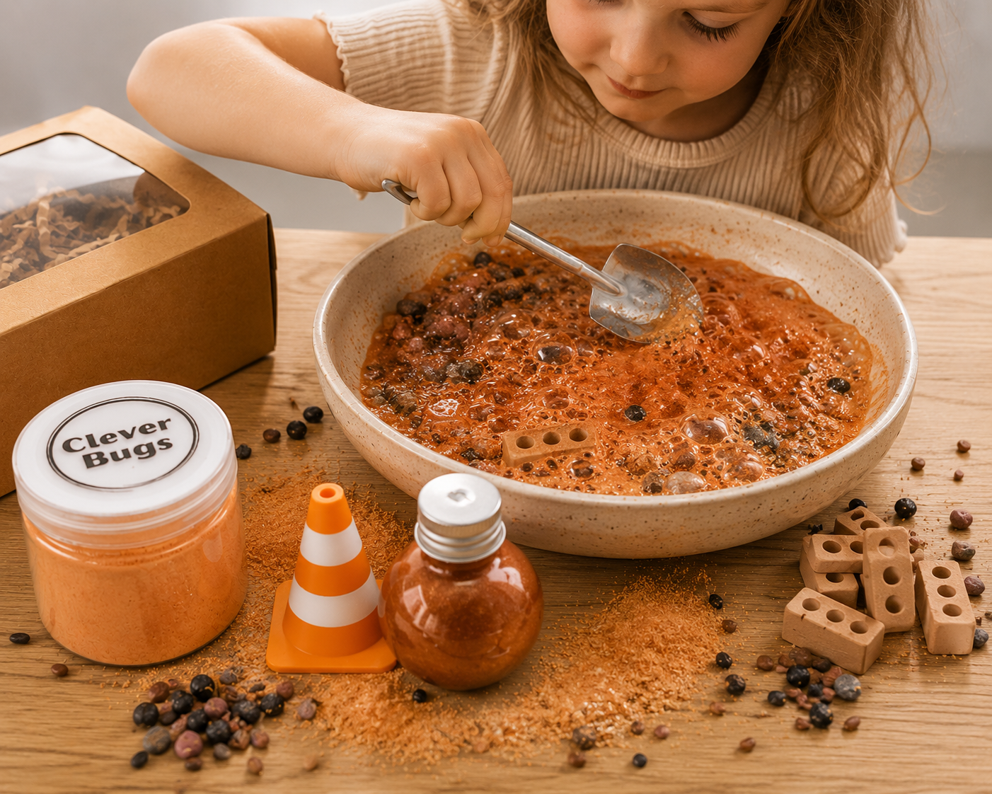 Child using the Construction Potion Kit to create a bubbling fizzy traffic cone potion.