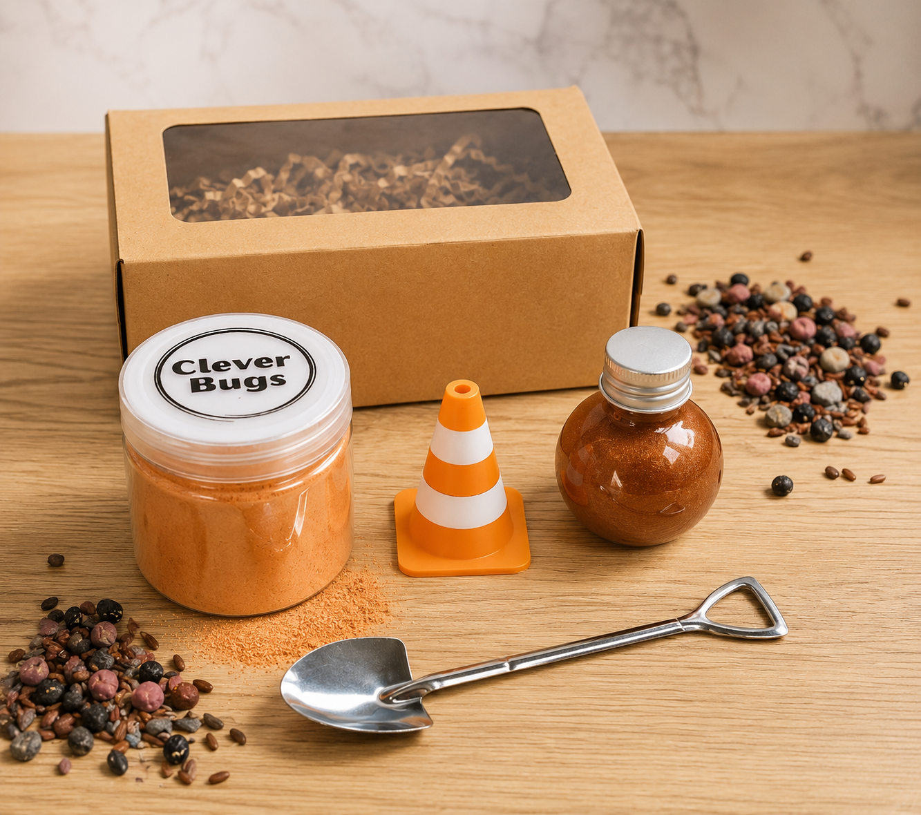 Construction Potion Kit for kids with reusable traffic cone, fizz powder, shimmer potion liquid and mini shovel.