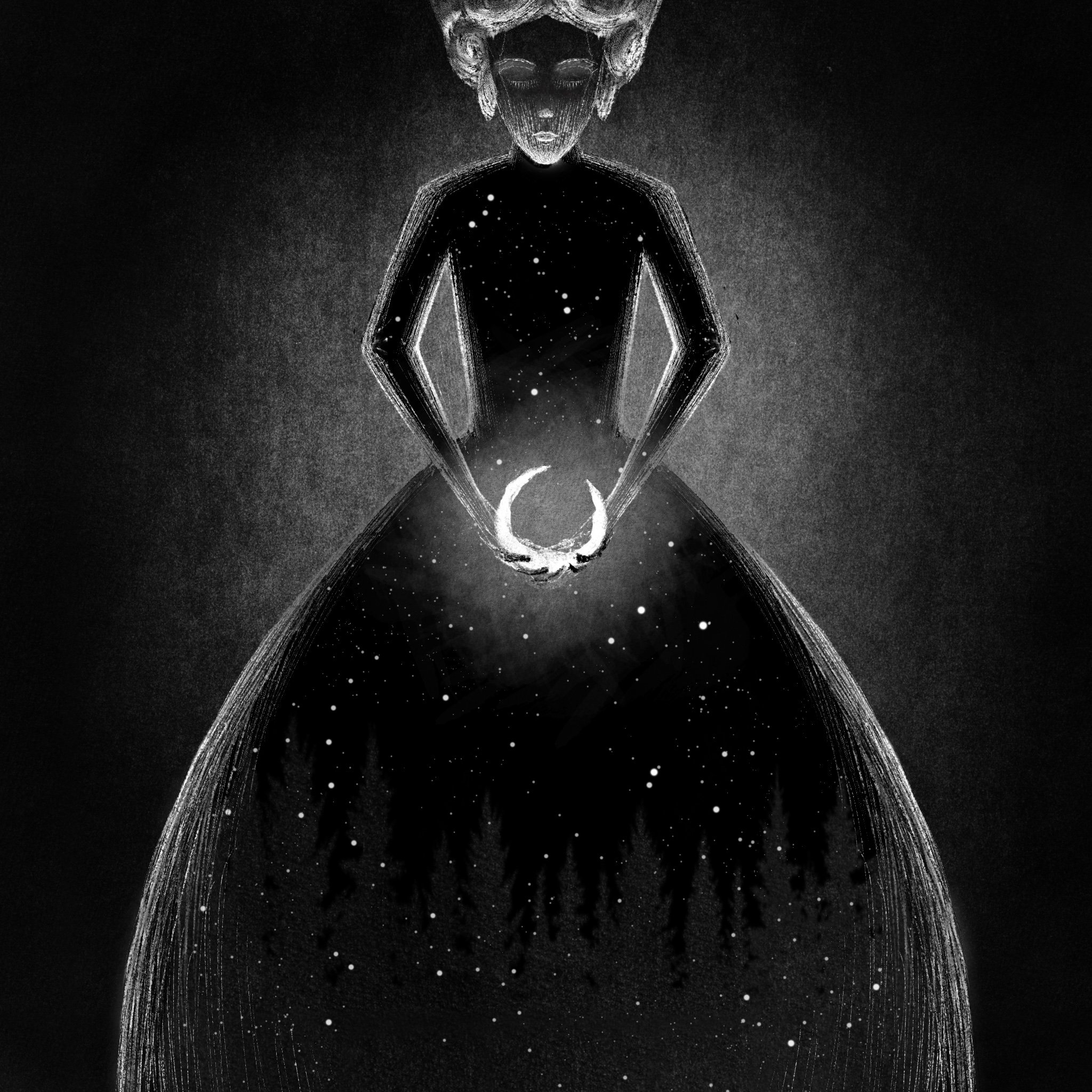 Black and white artwork depicting a silhouette of a woman holding a crescent moon. Her dress blends into a starry night sky with a forest at the bottom edge.
