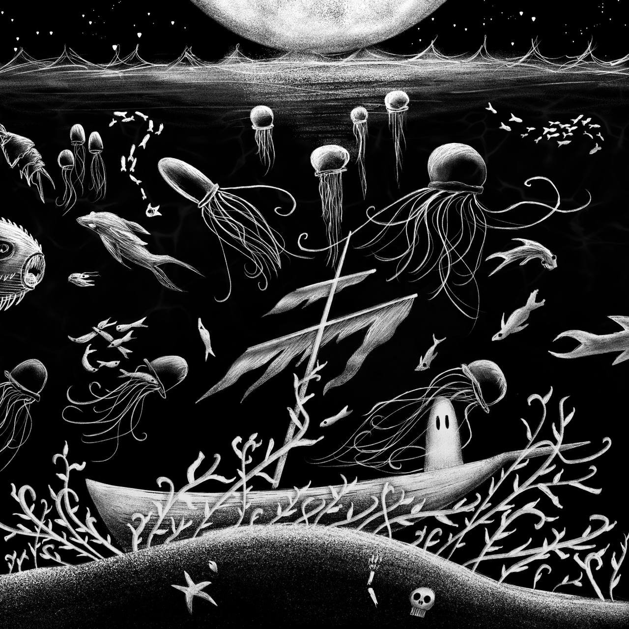 Monochrome surreal underwater scene with jellyfish, fish, a ghostly figure in a boat, and a large moon.