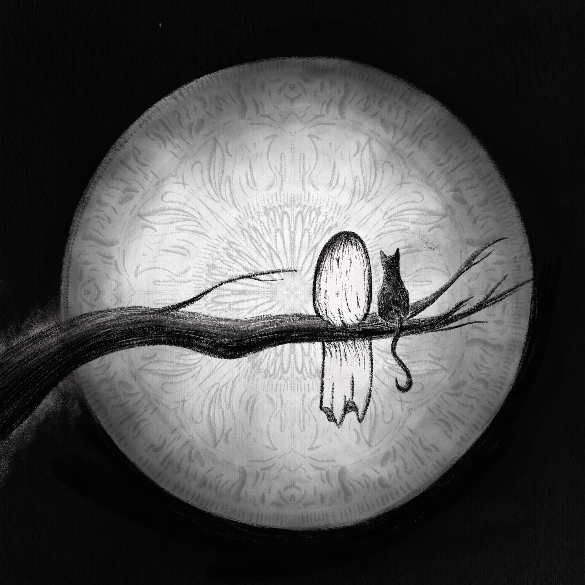 Black and white illustration of a cat and an owl sitting on a tree branch, with a large full moon in the background.