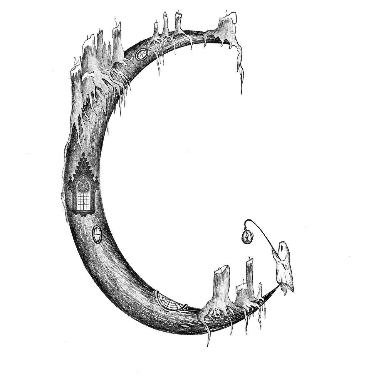 Illustration of a crescent moon structure with house elements and a ghostly figure holding a lantern.