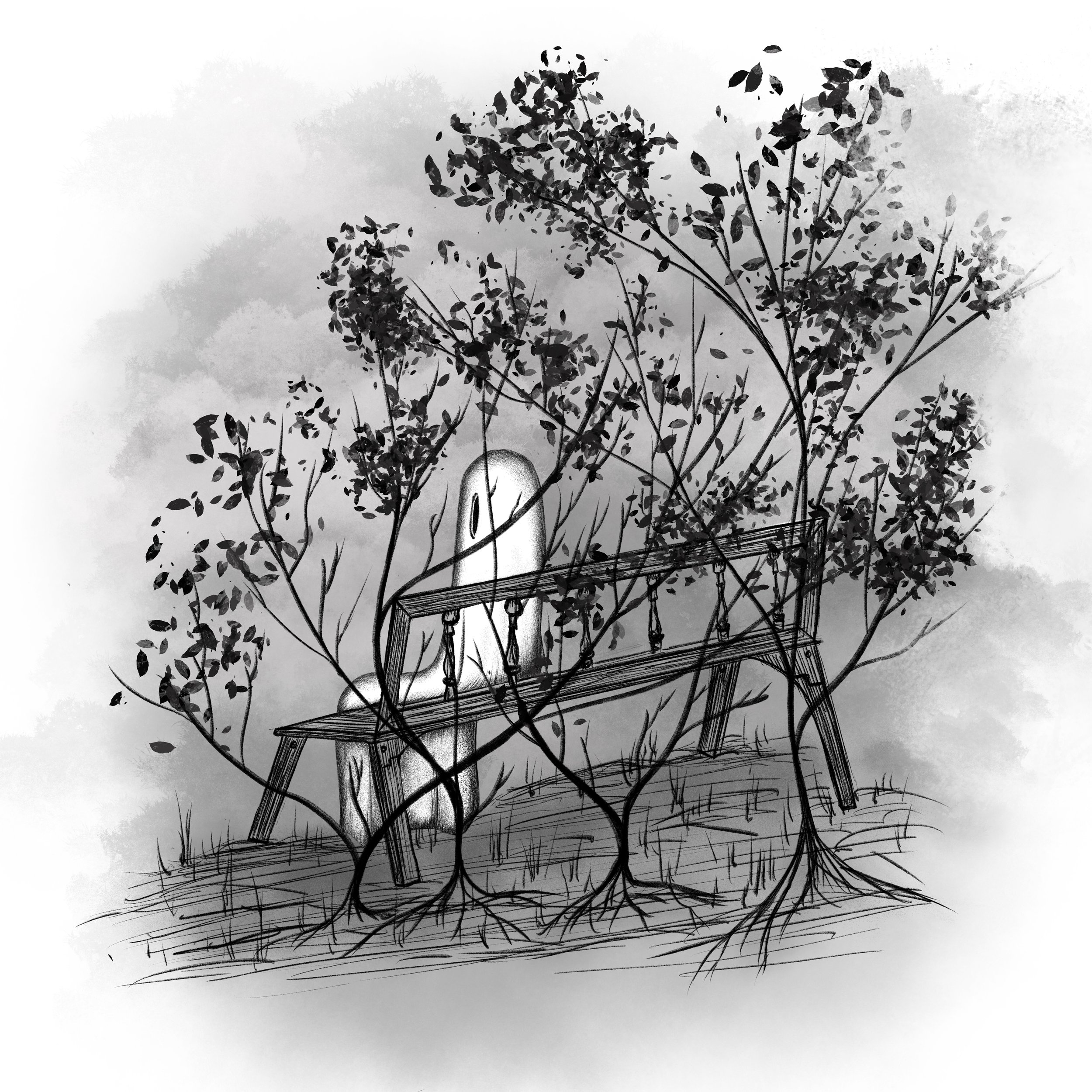 Black and white illustration of a ghost sitting on a bench surrounded by small trees or bushes with thin branches and leaves.