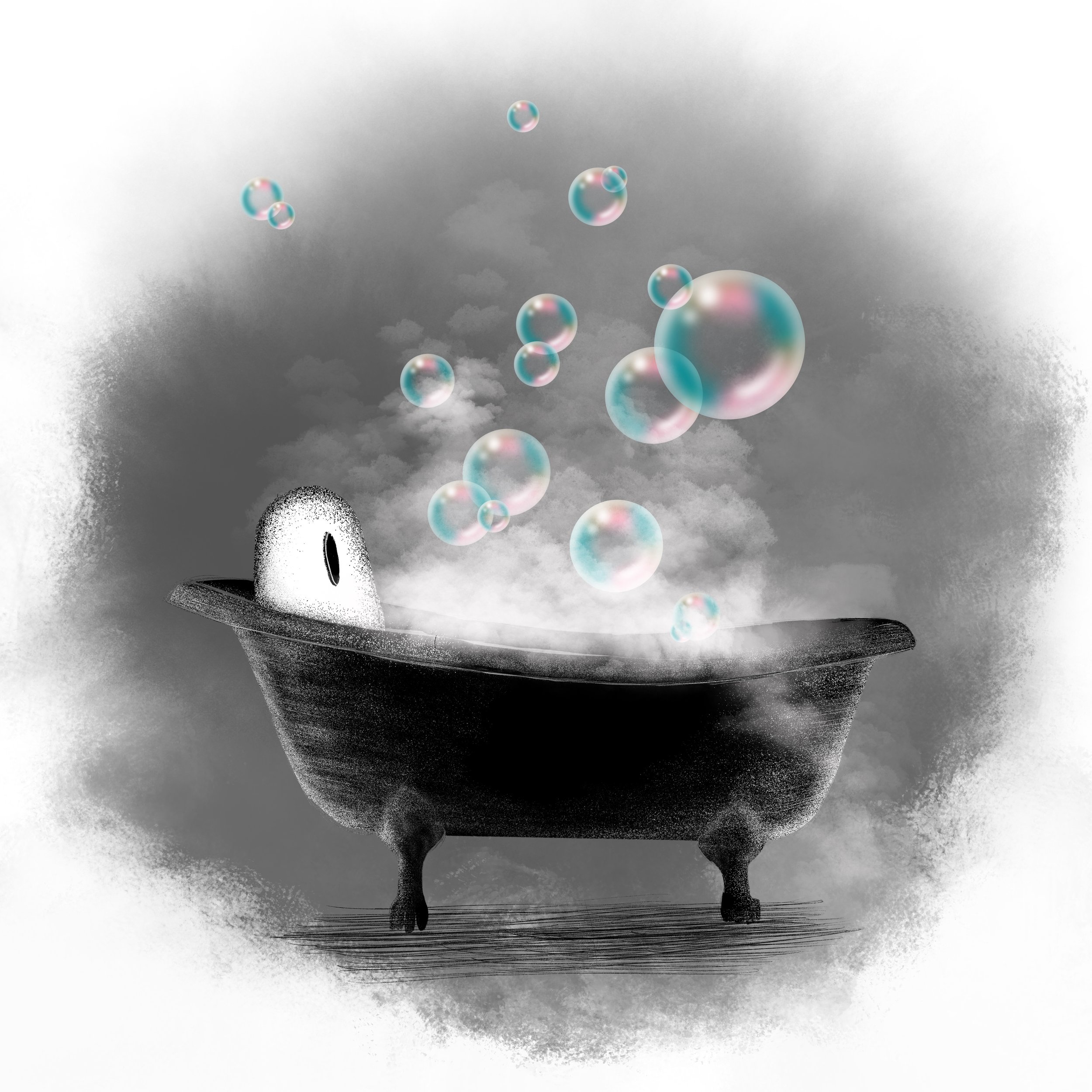 Illustration of a ghost in a bathtub with soap bubbles and steam.