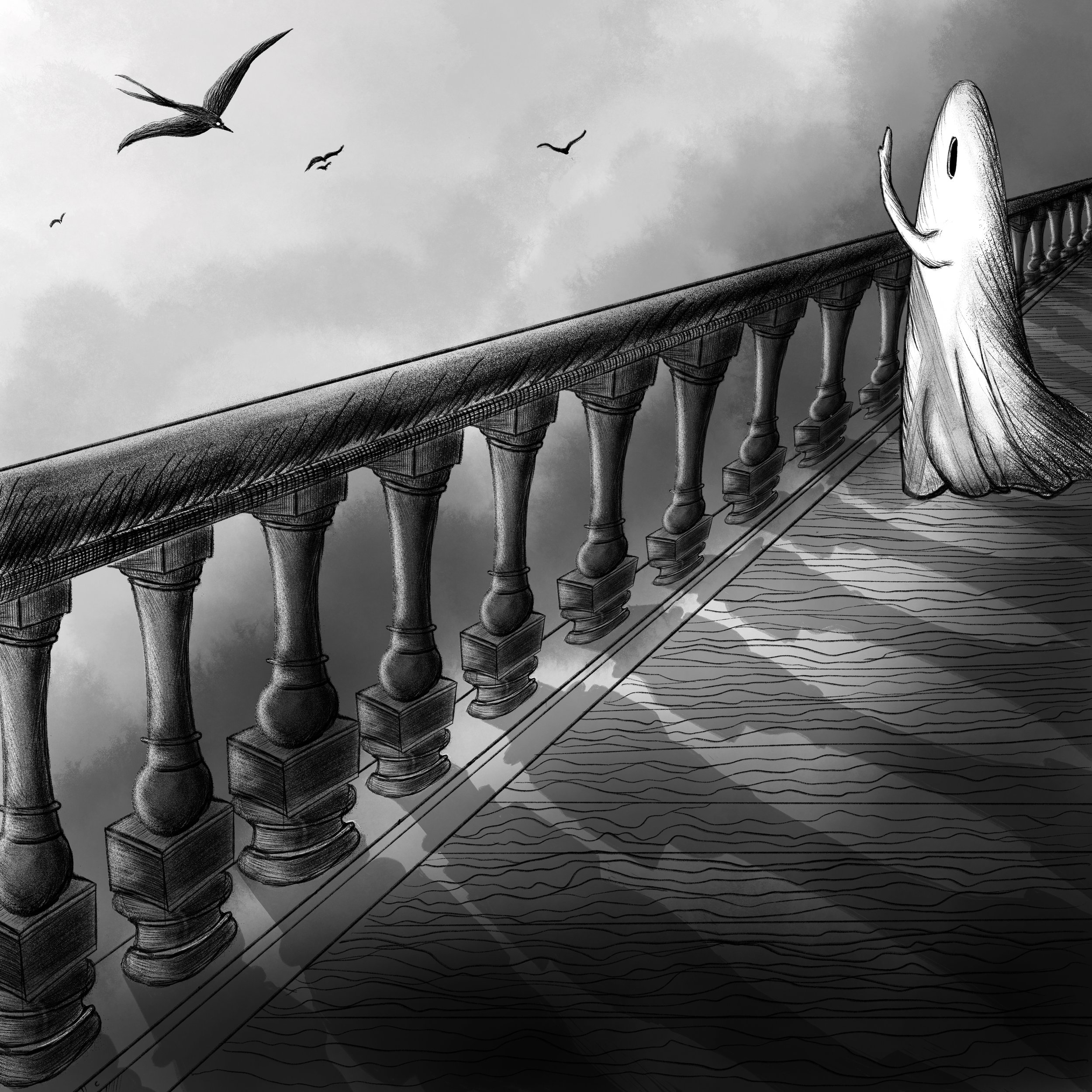 A ghost-like figure standing on a balcony next to a balustrade, looking at birds flying in a cloudy sky.