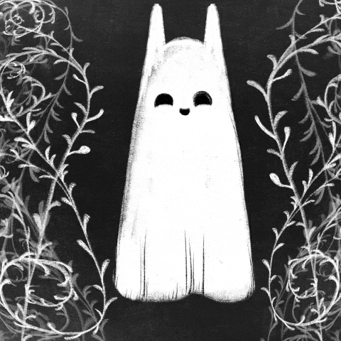 A smiling white ghost-like figure with ears, surrounded by floral patterns on a black background.