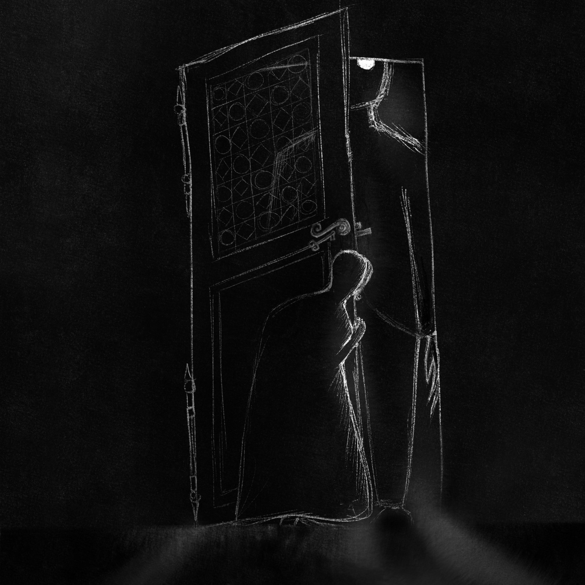 Chalk drawing of a person peeking through a partially open door on a dark background.