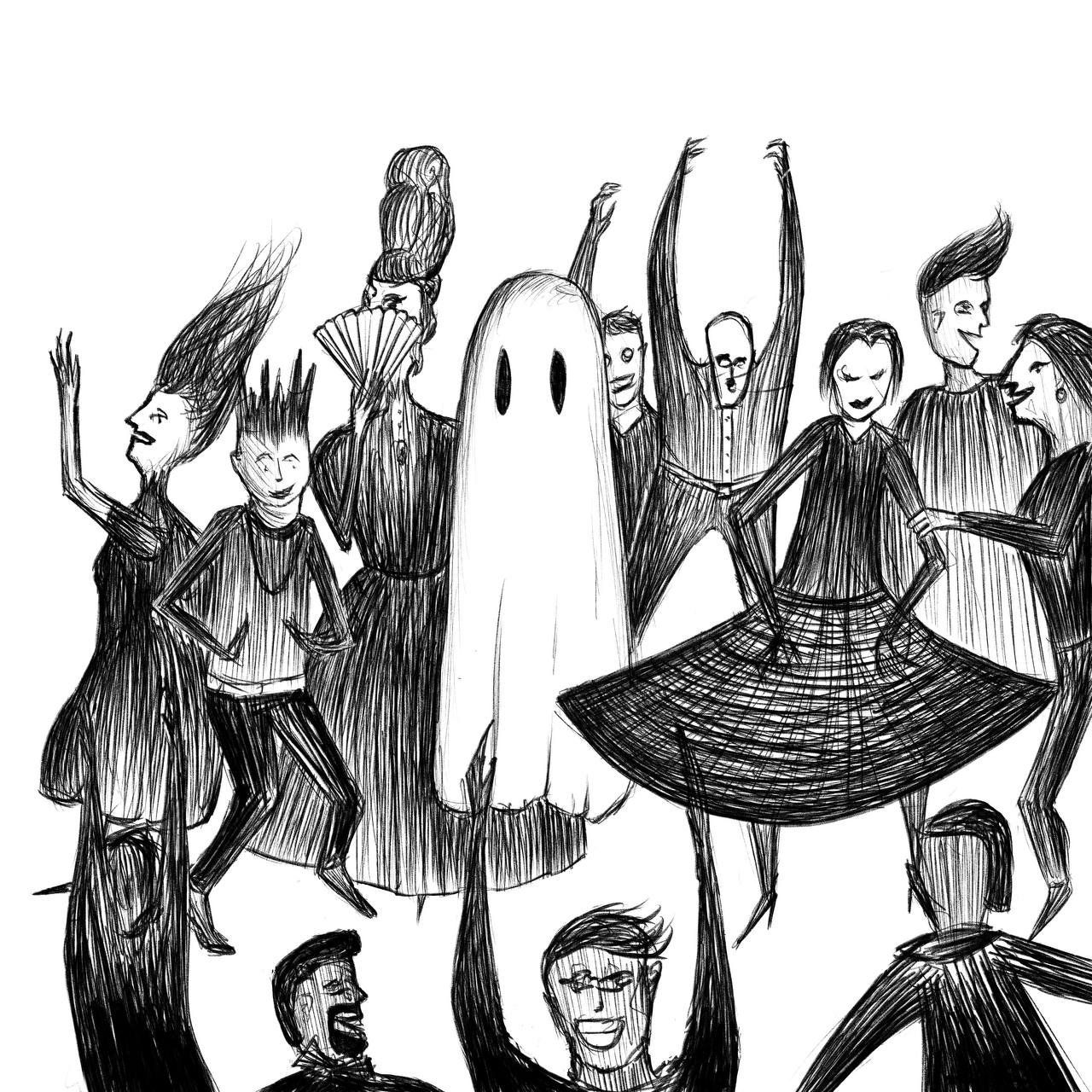 Black and white drawing of a group of stylized people and a ghost