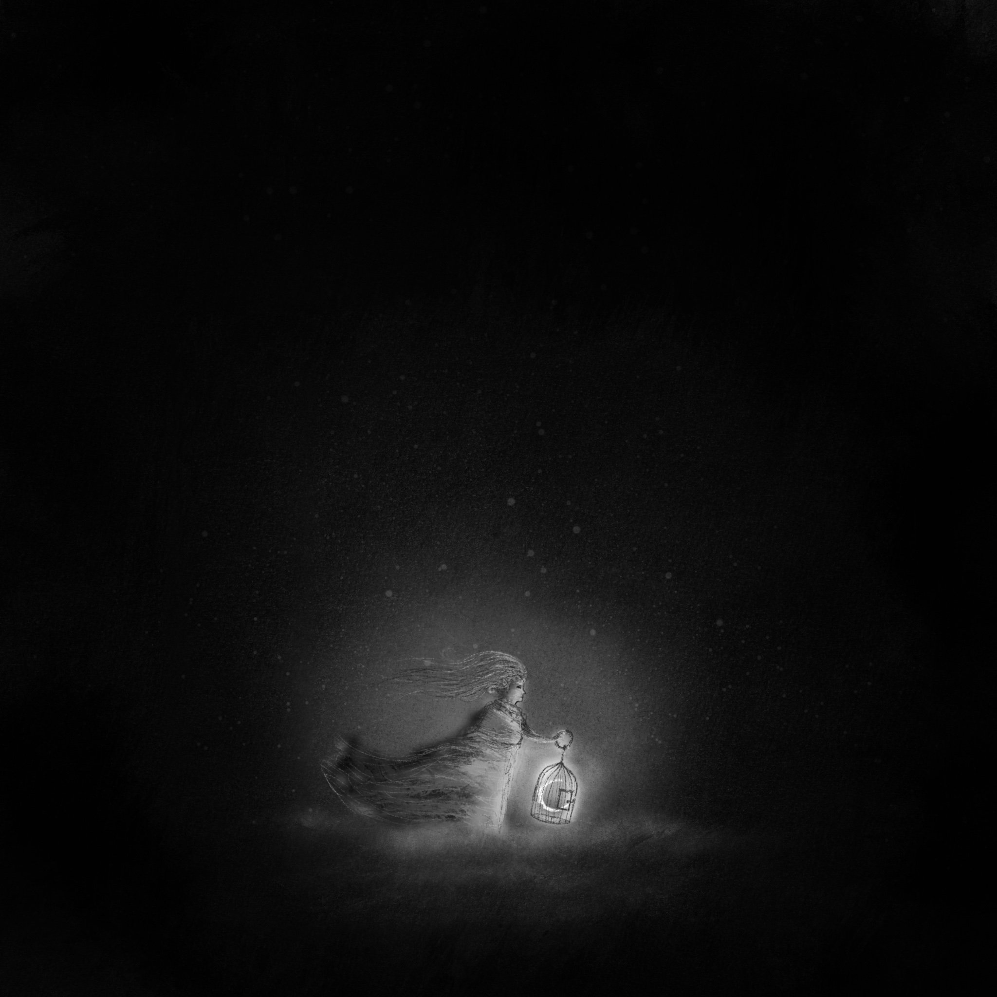 Black and white illustration of a woman holding a glowing lantern in the dark.