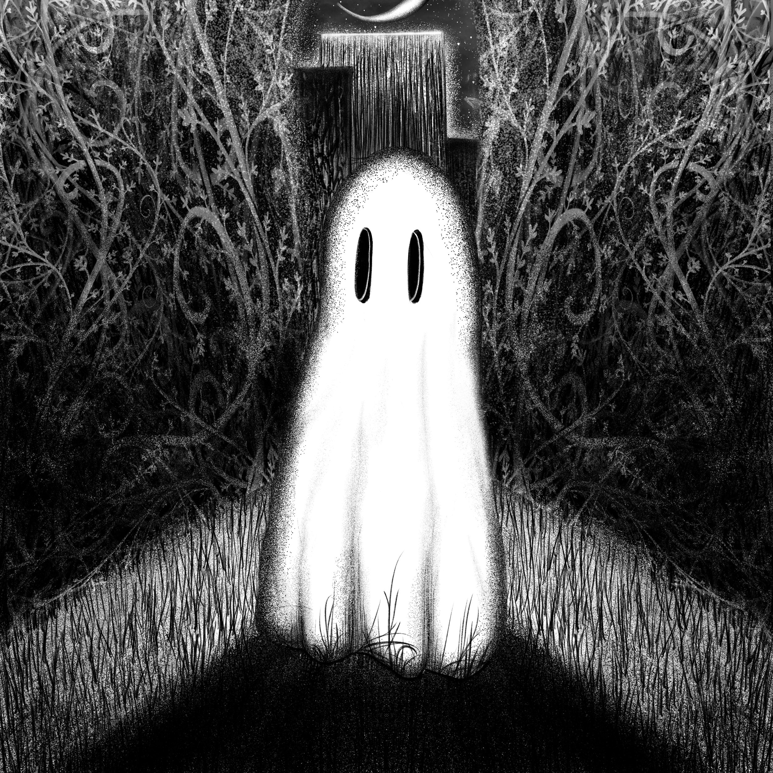 Illustration of a ghost with large black eyes in a white sheet against a dark, intricate forest background at night.