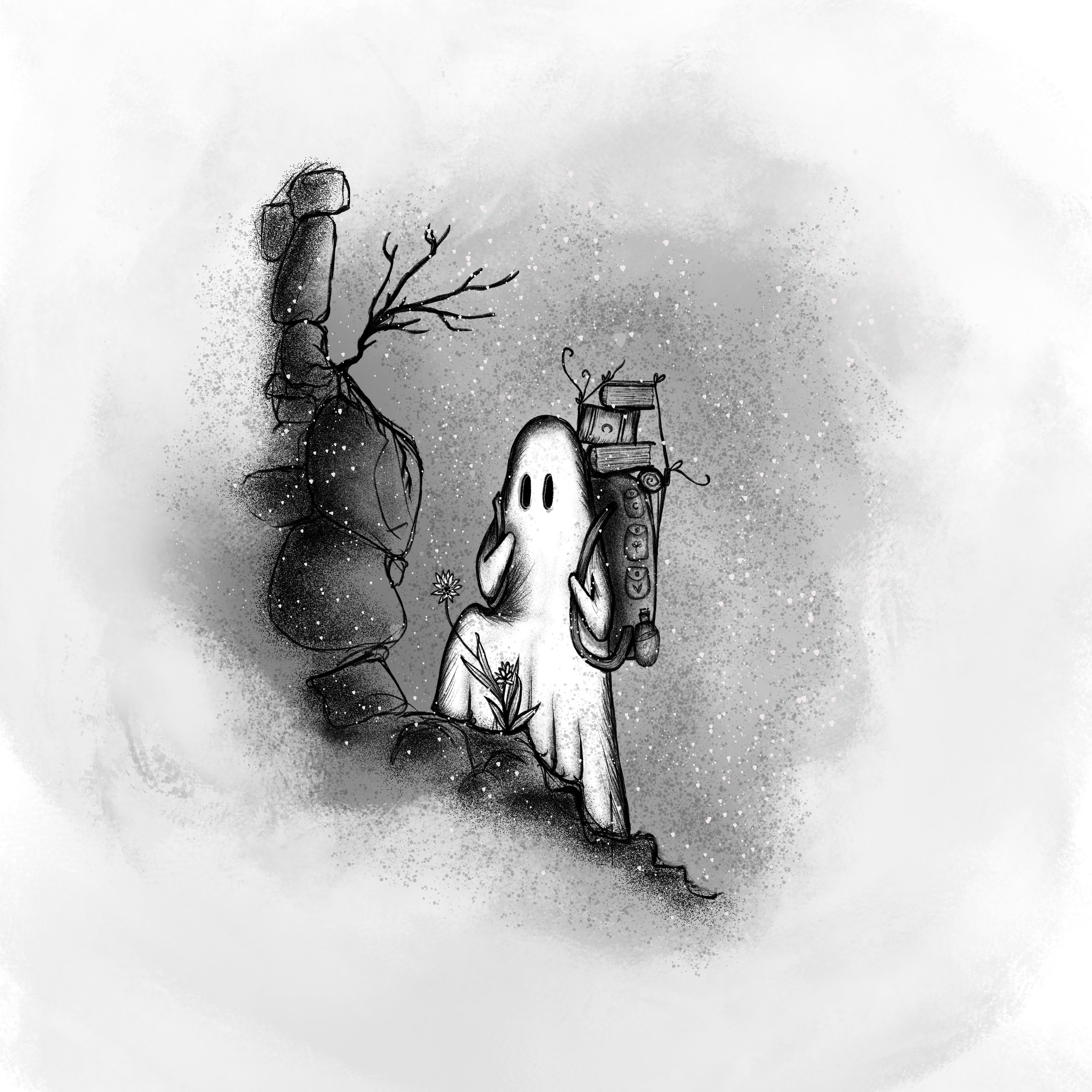 A ghostly figure with a backpack climbs a stone structure surrounded by plants and stars in a monochromatic illustration.