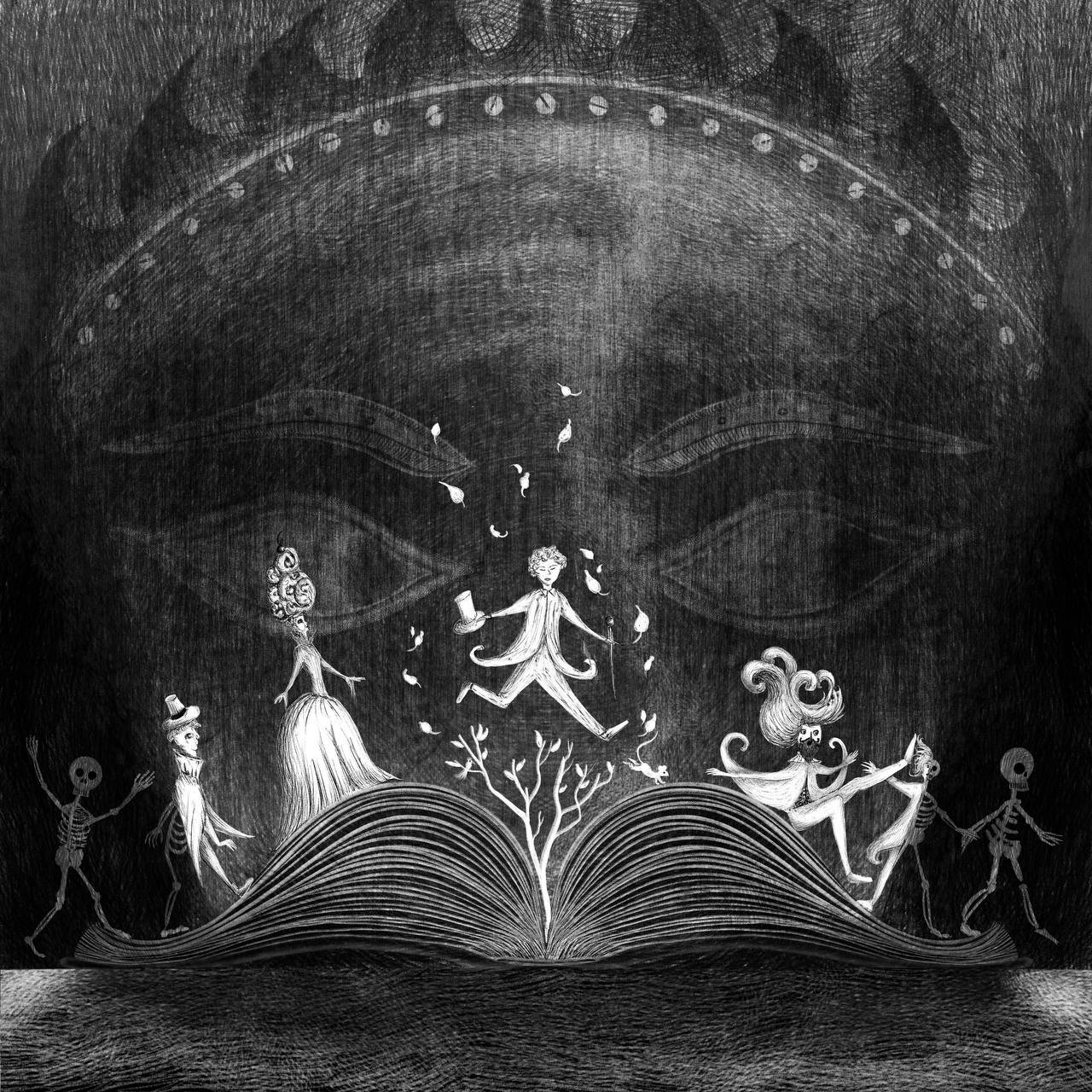 Illustrated scene with a giant face in the background, featuring a glowing open book at the center. On the book's pages, whimsical characters, including a person with a top hat and skeletons, are interacting. Above the book, leaves and a small tree a