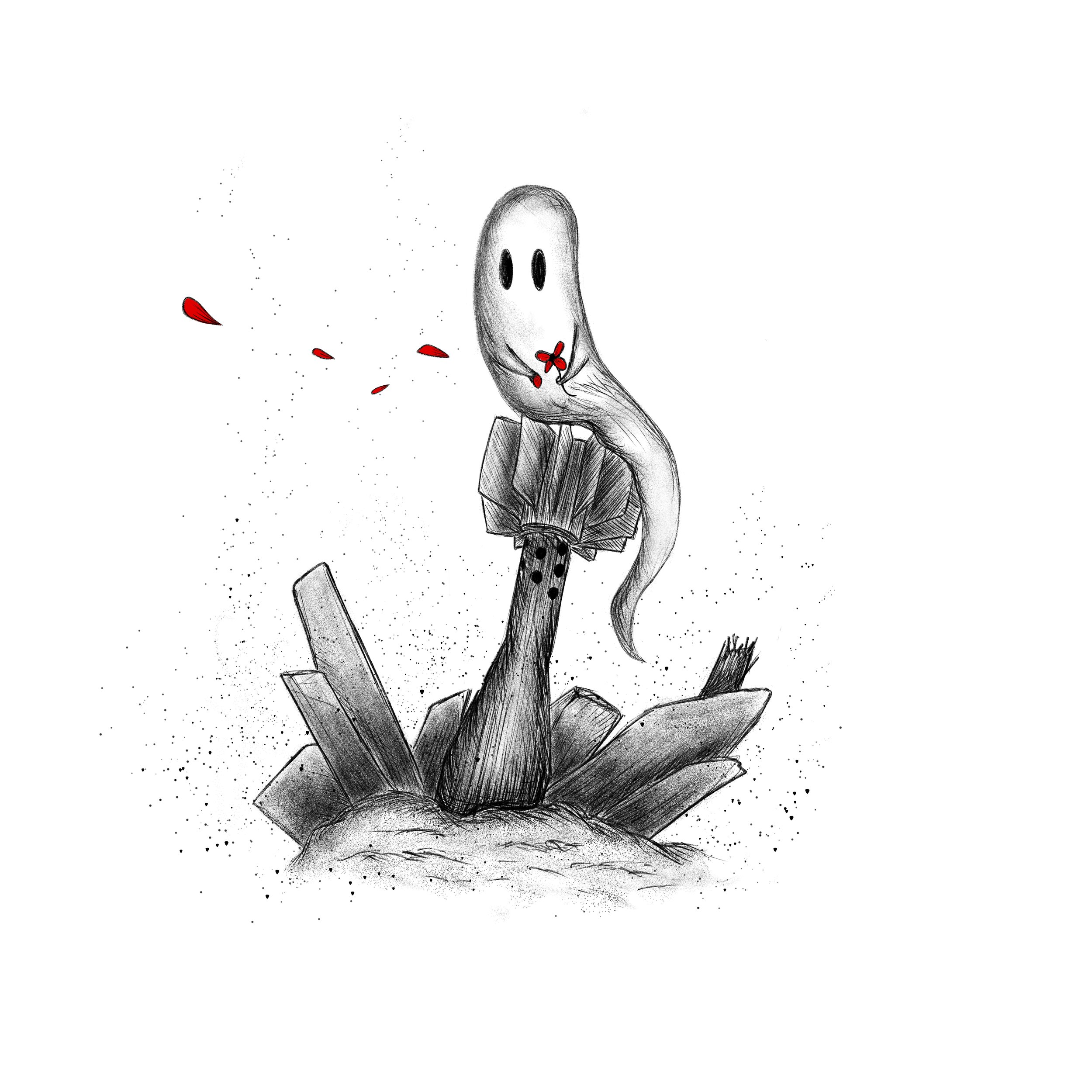 Illustration of a cute ghost with large eyes holding a red heart-shaped object, hovering above a broken mushroom-like structure with organic shards, against a white background.