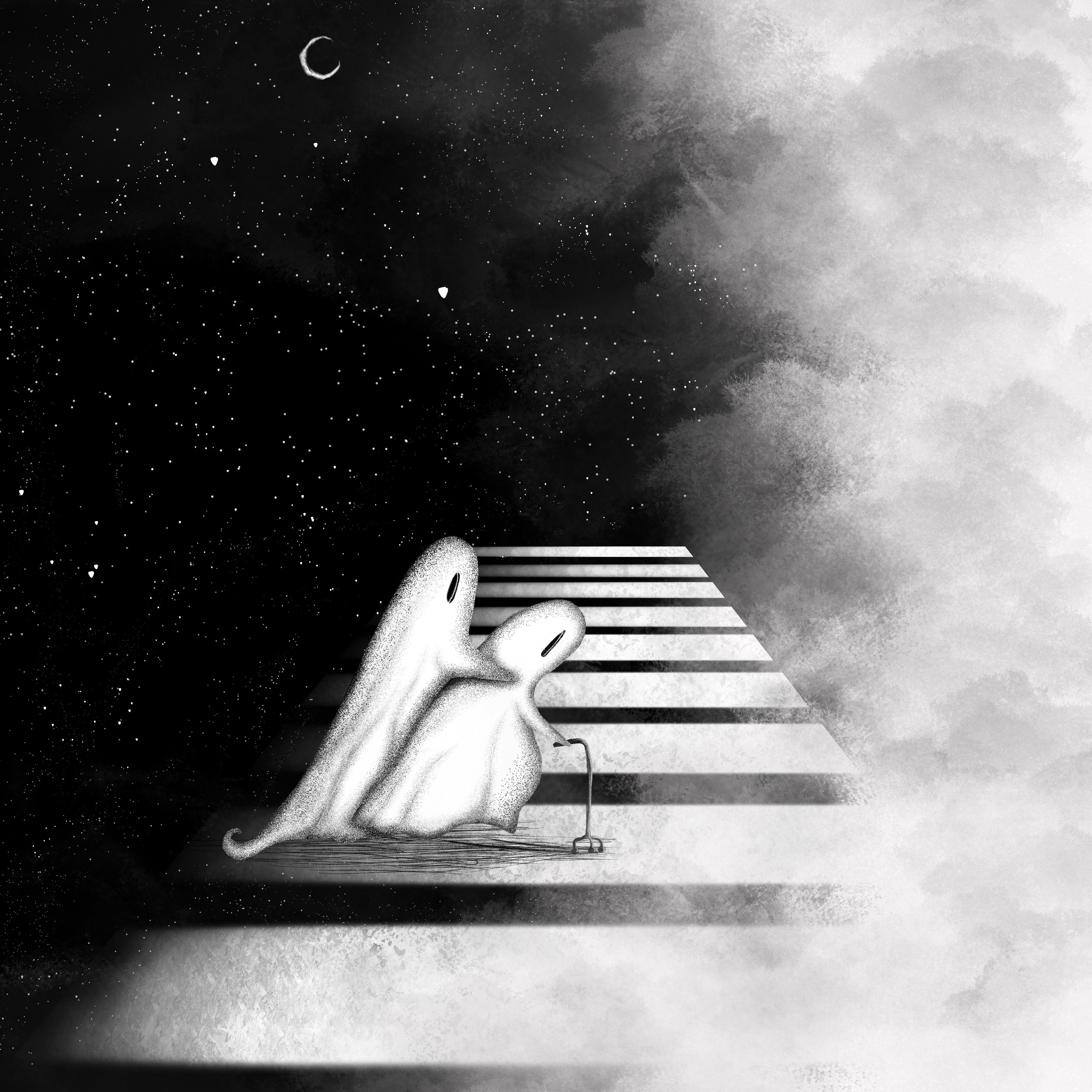 Two ghostly figures sitting on a striped pathway with clouds and starry night sky.