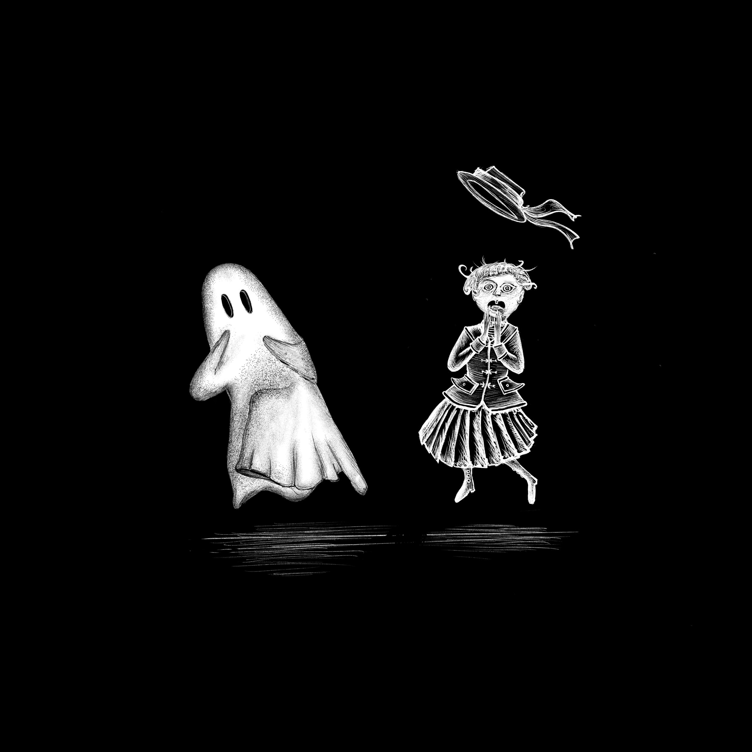Illustration of a ghost and a startled girl with a floating hat, black background
