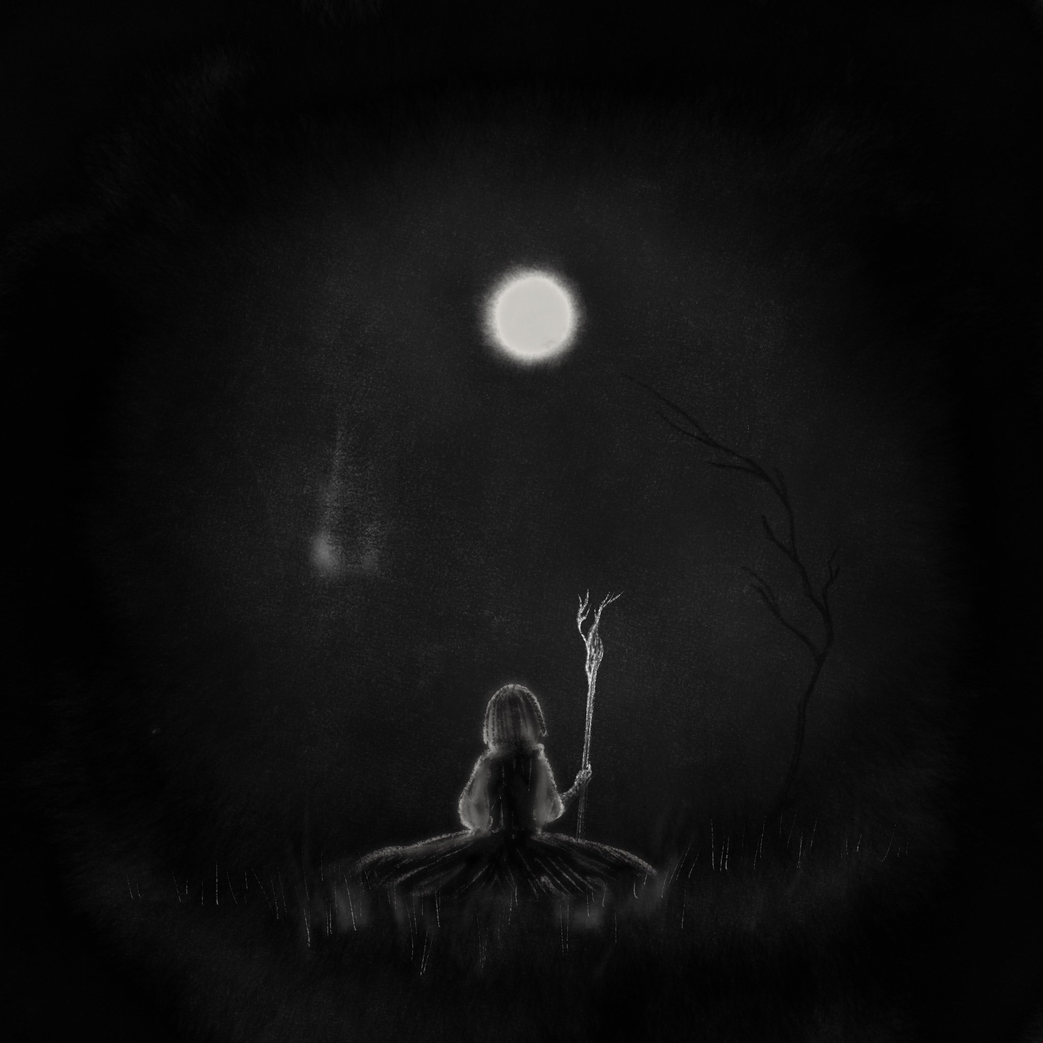 A silhouette of a person holding a stick and sitting on the ground under a bright moon in a dark, starry night sky.